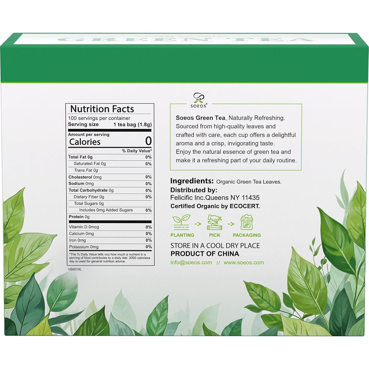 Organic Green Tea, 6.3 Oz (180G), 100 Tea Bags, Refreshing and Fragrant, Sustain