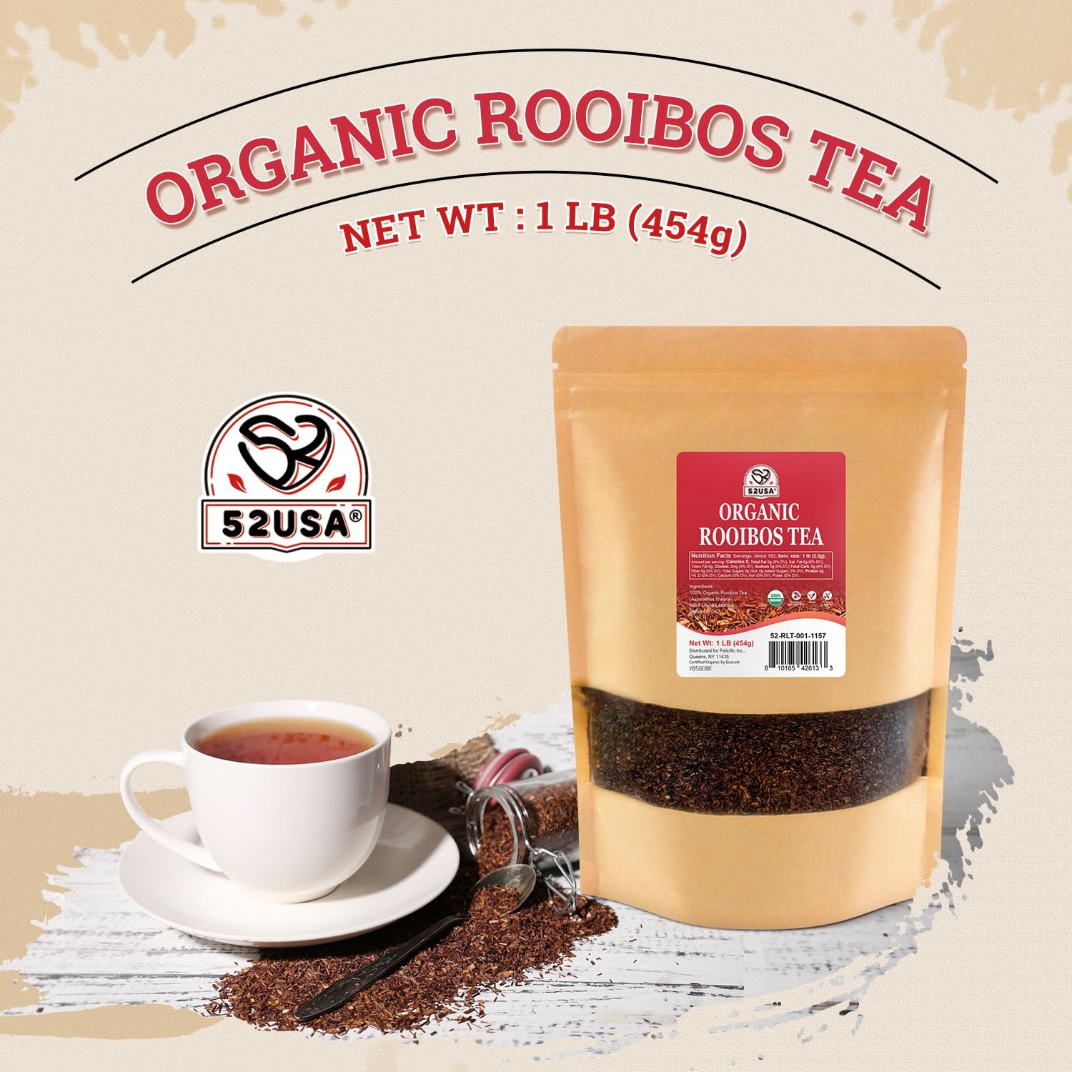 52USA Organic Rooibos Tea, 1 LB, Red Loose Leaf Naturally 16 oz