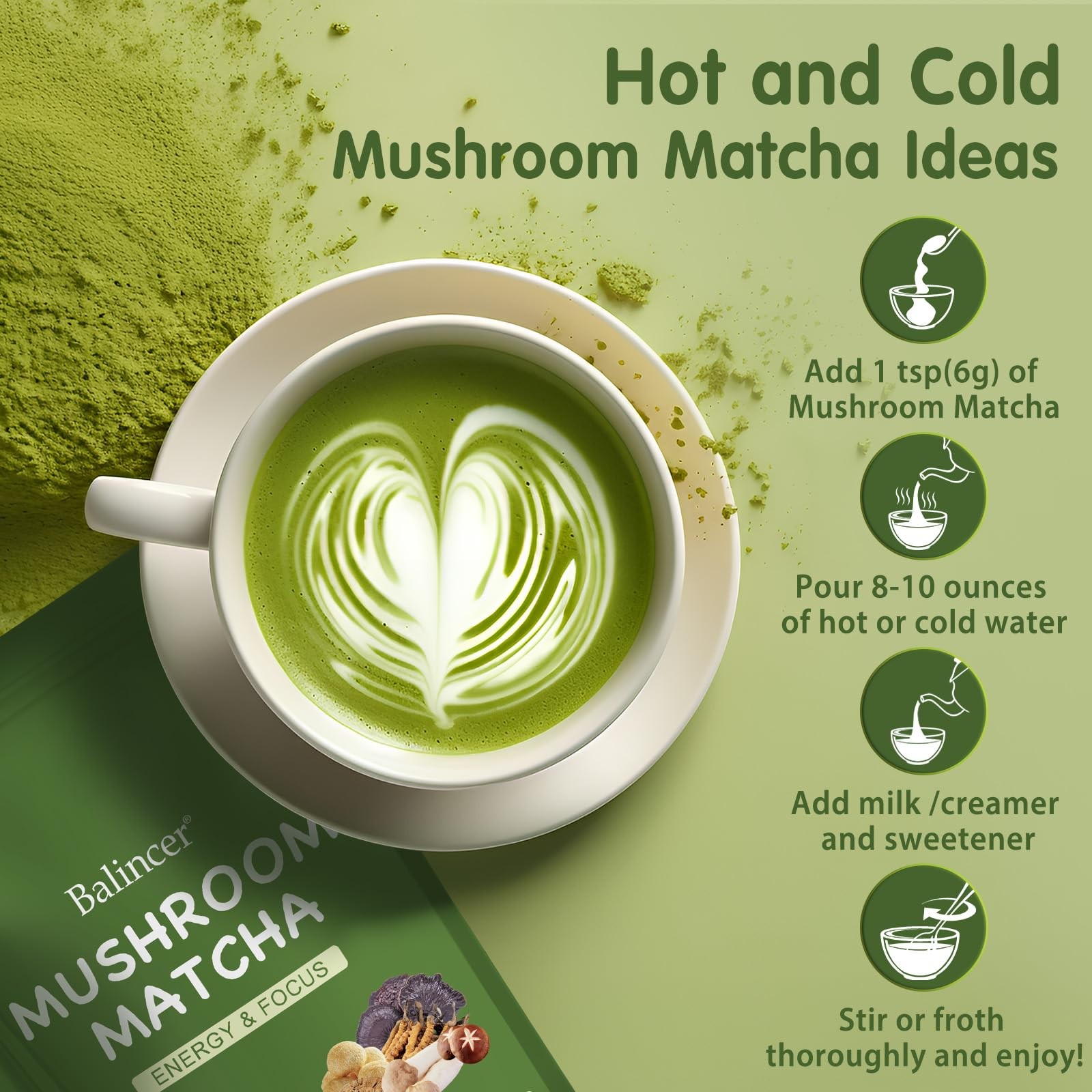 Mushroom Matcha, 6 Adaptogenic Mushrooms (Lion’s Mane, Cordyceps, Turkey Tail…