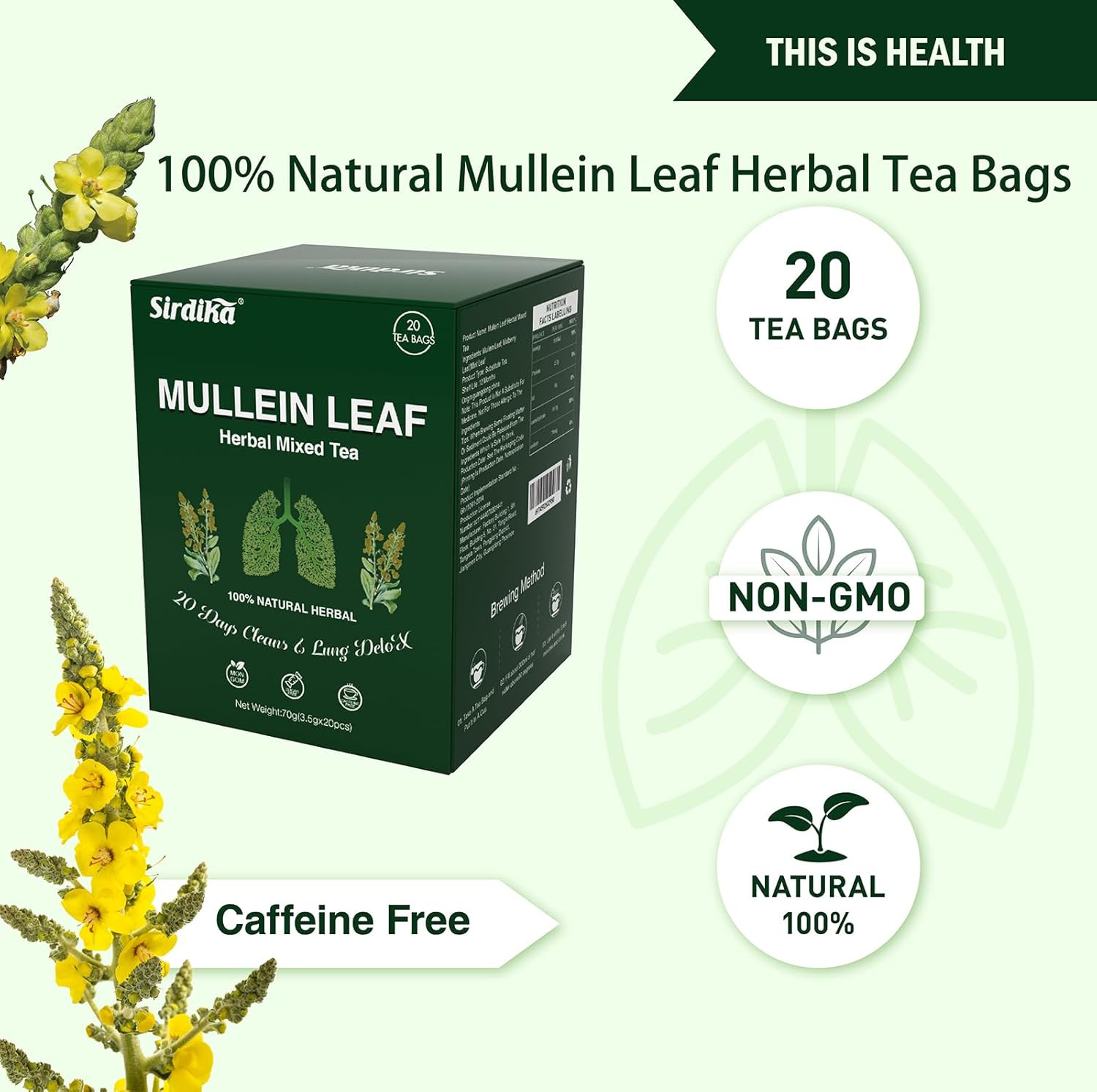 Mullein Tea Bags for Lungs – 20 Teabags (2.47Oz/70G), 100% Pure Natural Premium
