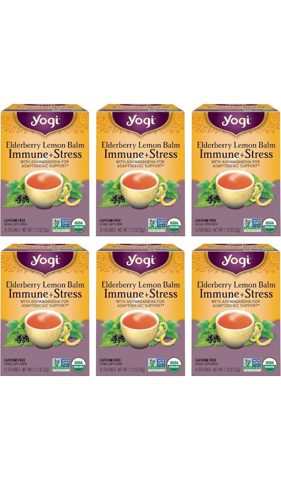 Lot of (10 Boxes) Yogi Elderberry Lemon Balm Immune-Stress Tea Bags; 16/Box; New