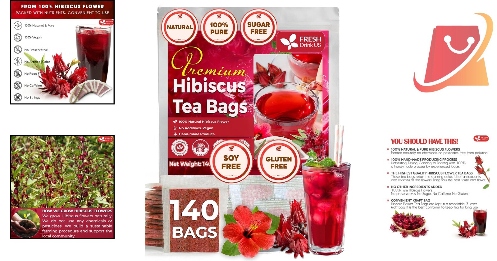 Natural Hibiscus Flower Tea Bags – 140 Count, Biodegradable & No Additives