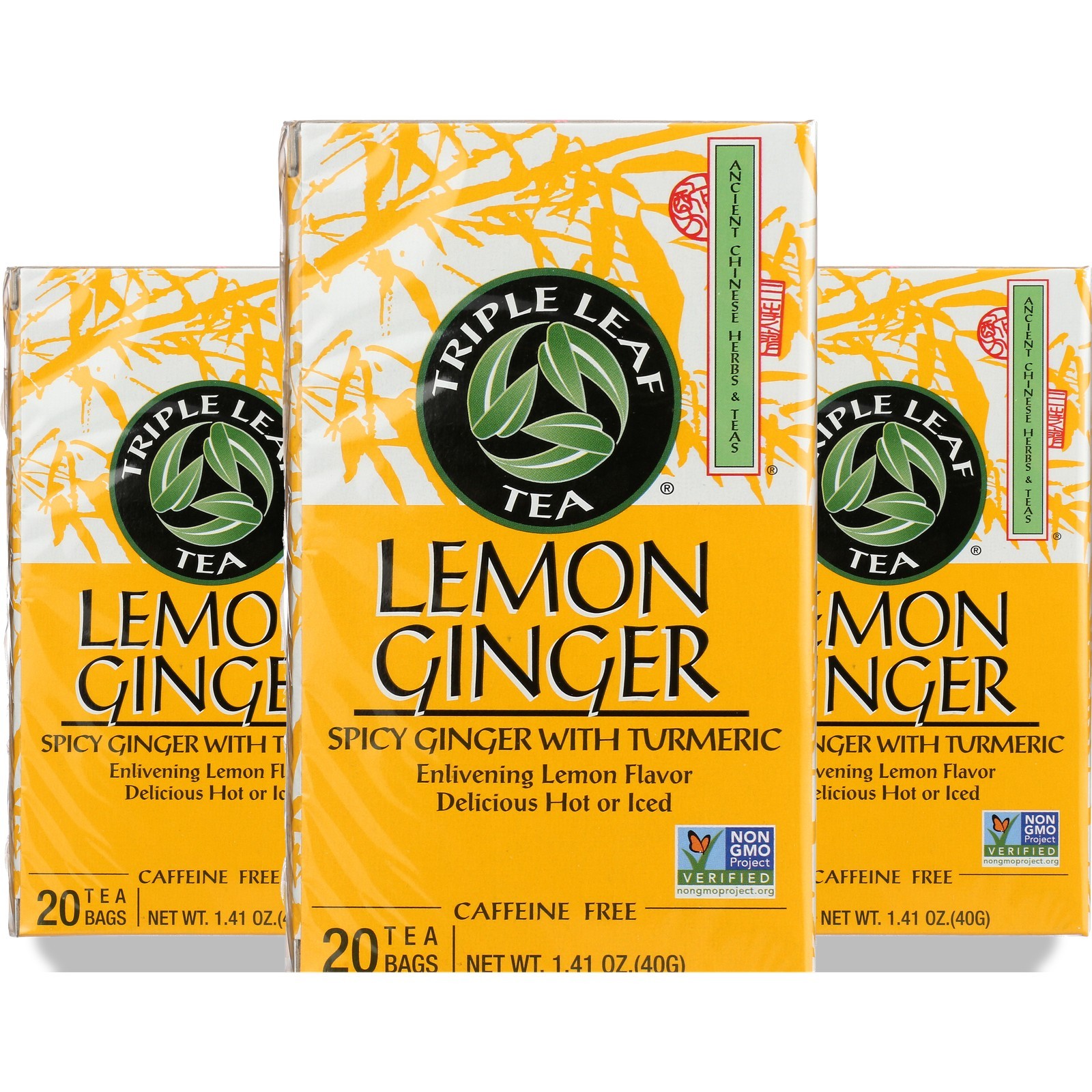 Triple Leaf Tea Lemon Ginger Herbal 20 Bags 1.41 Oz 3 Pack