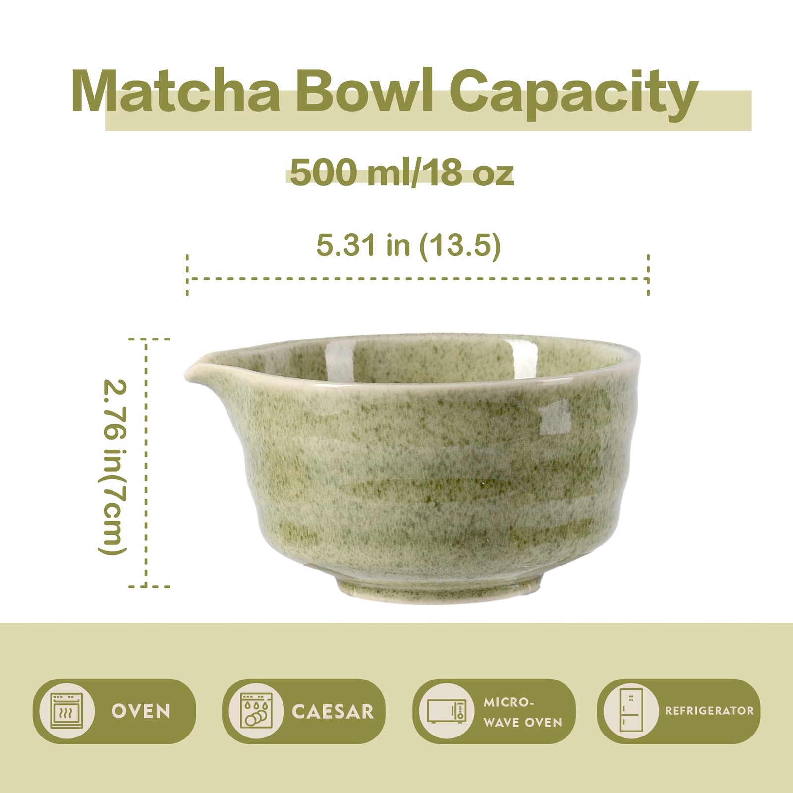 CAMATET Matcha Bowl with Spout, 500 ml/18 oz Ceramic Large, Green