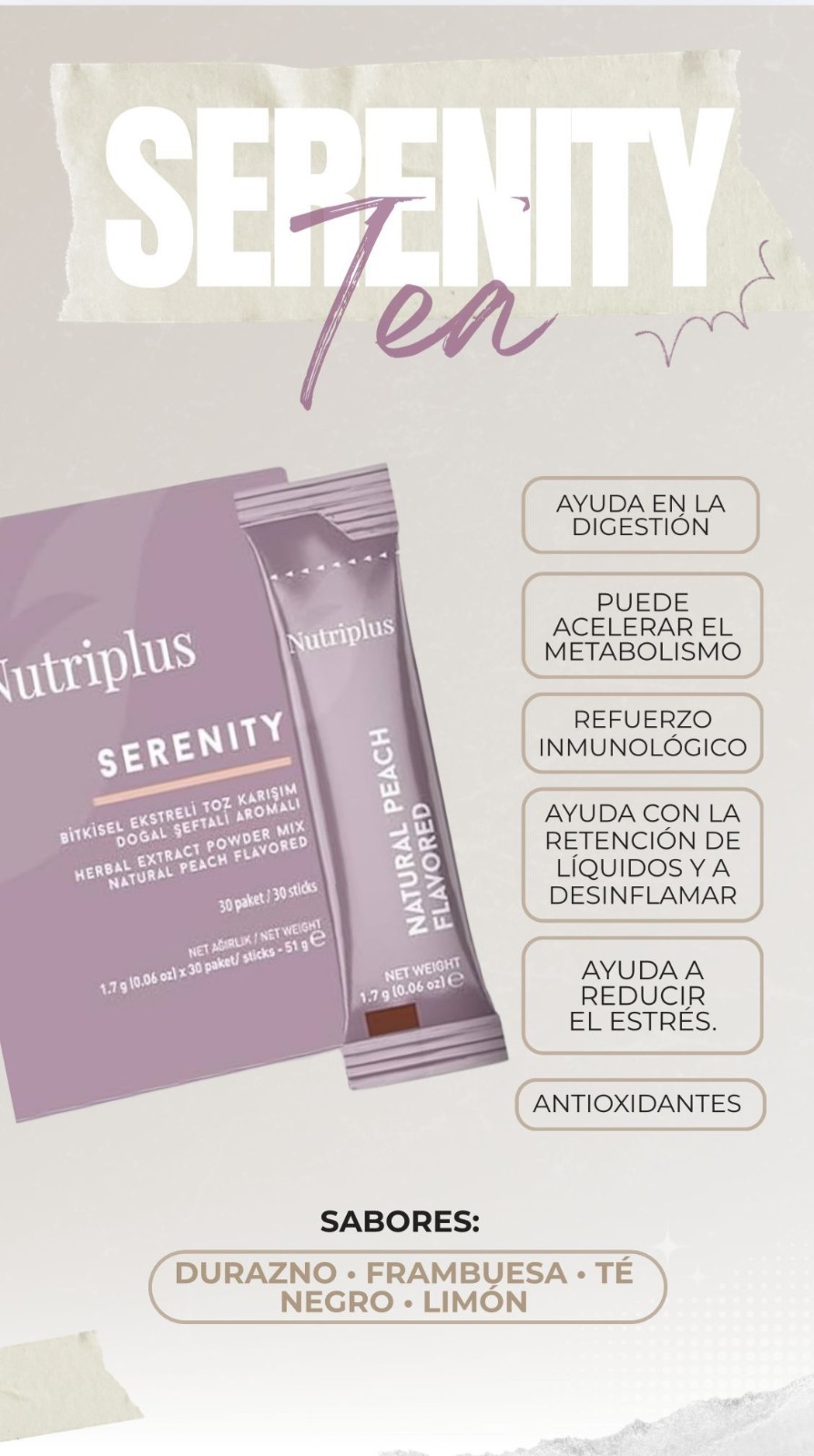 Nutriplus Serenity Tea Assortment 30 Sachets Peach Raspberry Lemon Non GMO