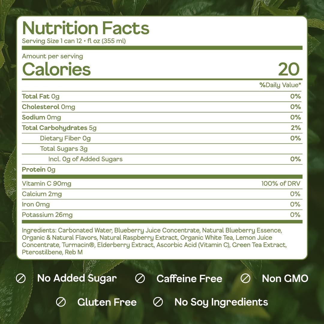 Sparkling White Tea Blueberry Caffeine Free Plant-Based Low Sugar 12oz 4 Pack