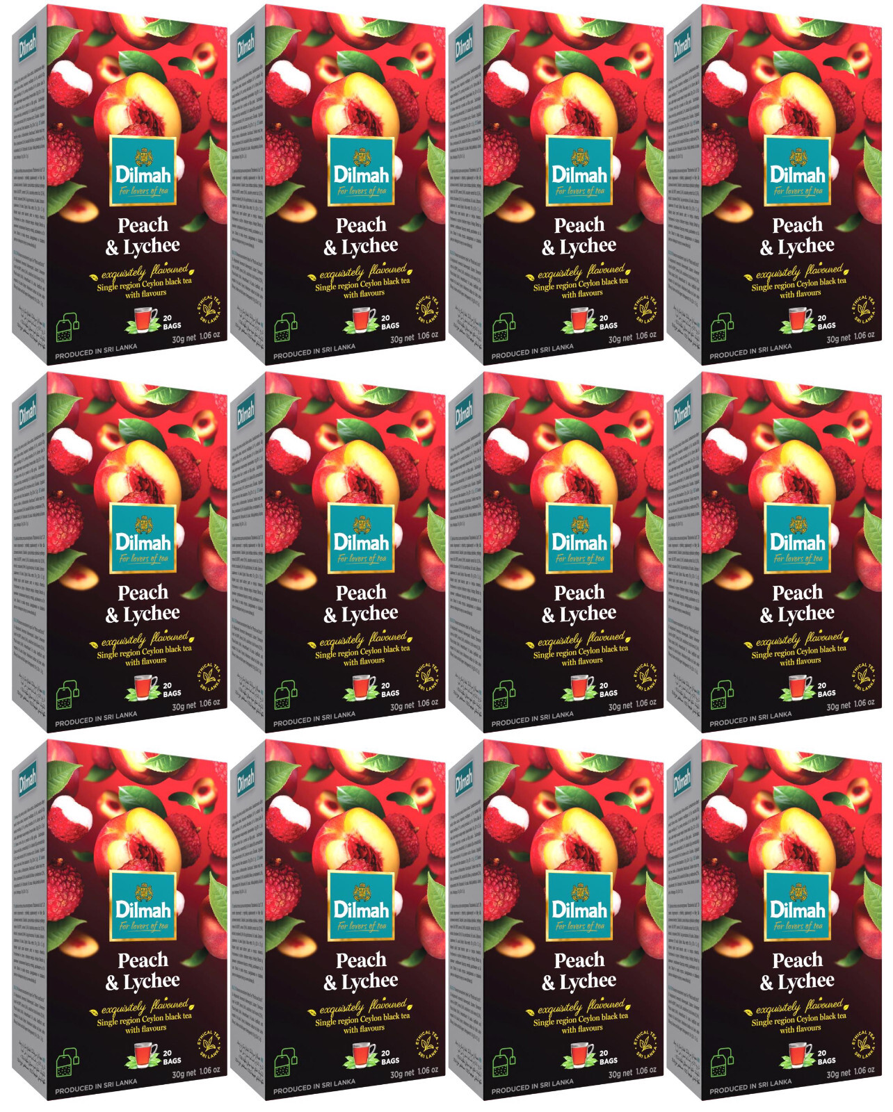 12 DILMAH PEACH & LYCHEE Flavor Ceylon Black Tea Boxes (240 servings total)