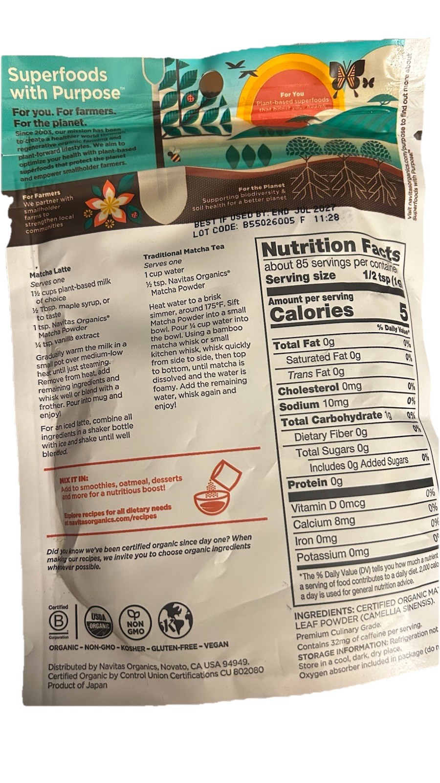 Navitas Organic Matcha Powder 3 oz – Premium Culinary Grade, Non-GMO, Vegan