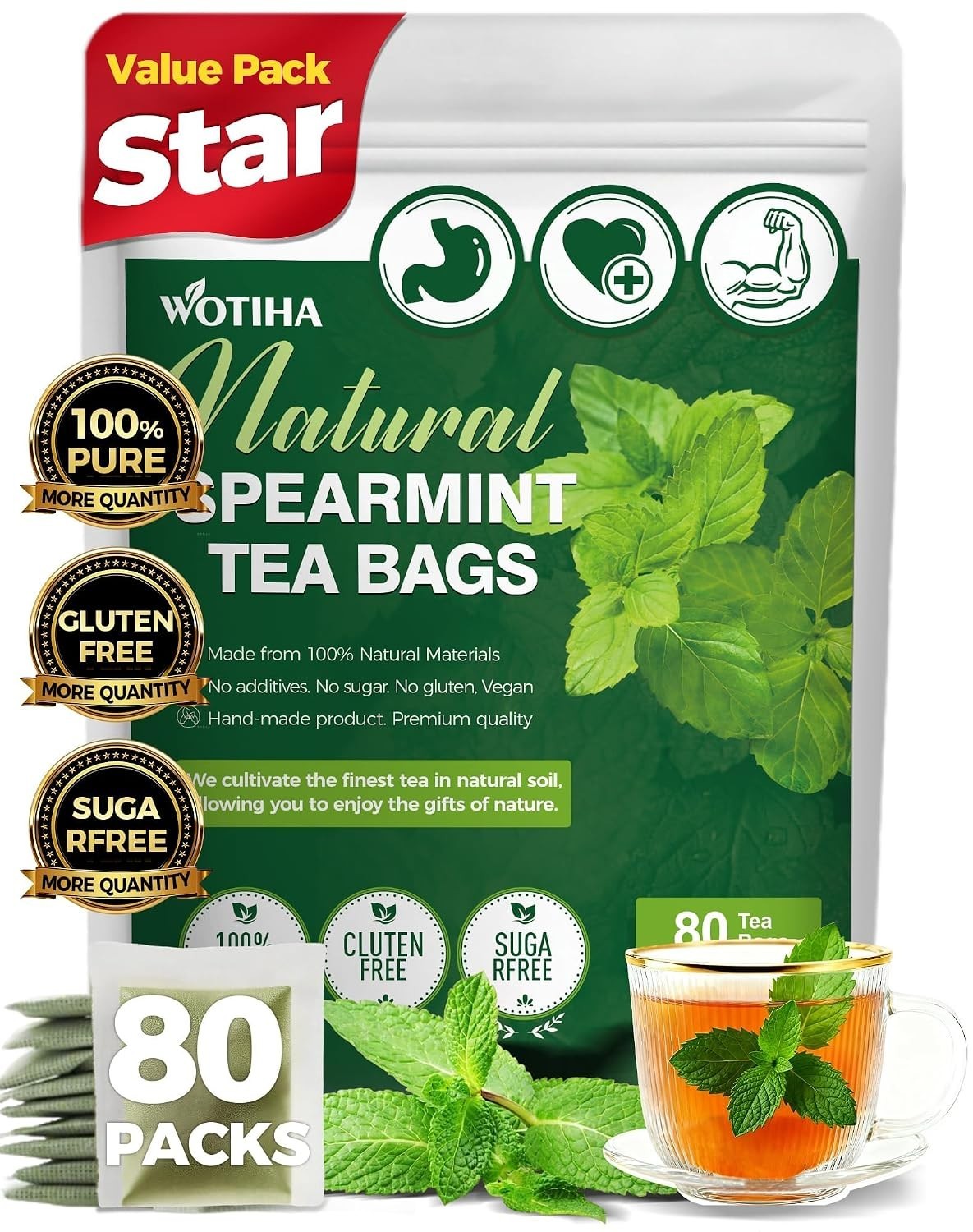 Caffeine-Free Organic Spearmint Tea Bags – 80 Count for Refreshing Wellness