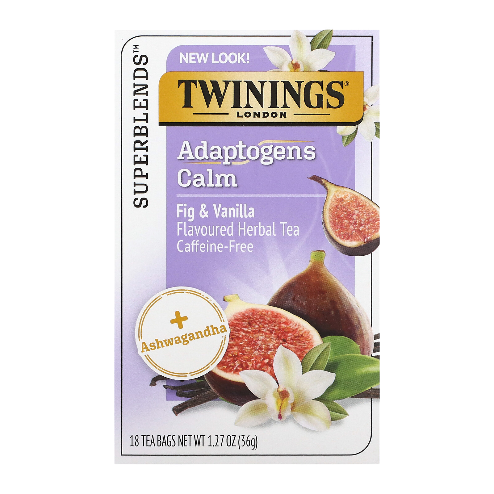 Calm, Adaptogens, Fig & Vanilla Flavored Herbal Tea, Caffeine Free, 18 Tea Bags,