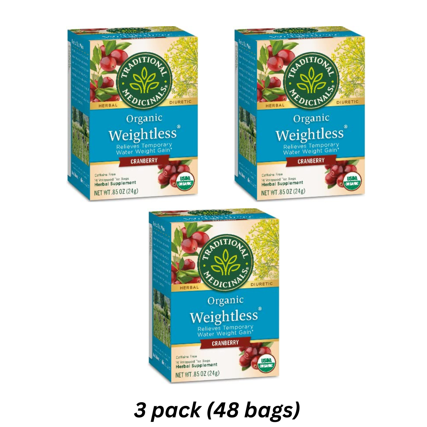Traditional Medicinals Organic Weightless Cranberry Herbal Tea 16 Bags x 3 pack