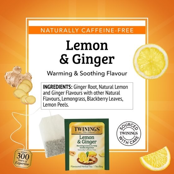 Twinings Lemon & ginger herbal Tea Bags, Caffeine Free, 50 Count Box.