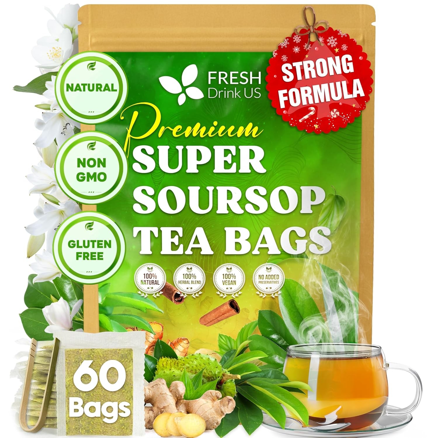 FreshDrinkUS, Super Soursop Herbal Tea – 60 Tea Bags | Soursop, Ginger, Turmeric