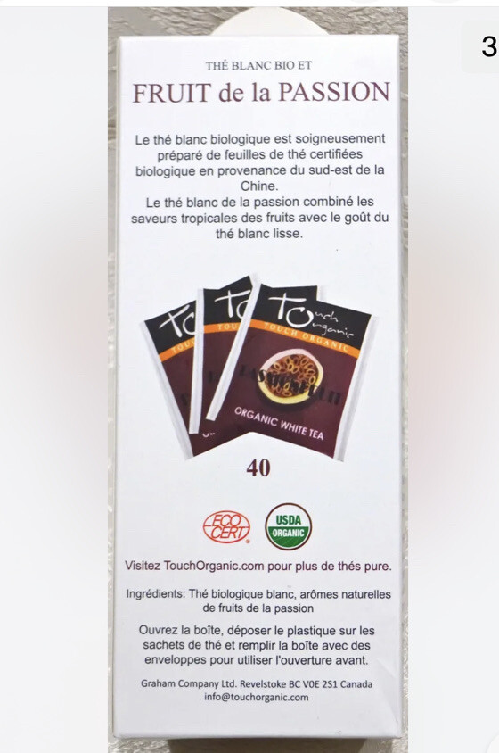 2 Touch Organic PASSIONFRUIT WHITE Tea Bags, 40 Bags, 2.5 oz Exp 10/2025