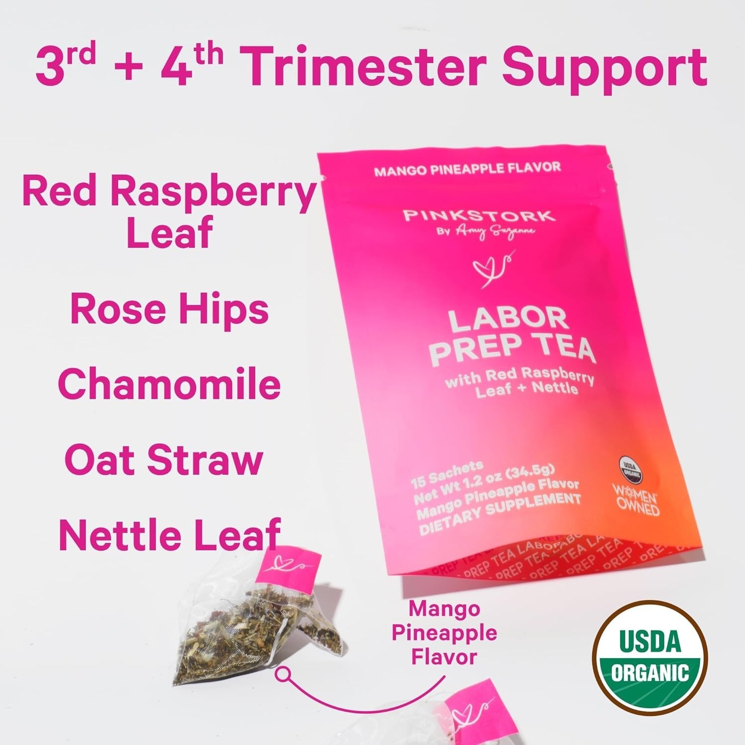 Organic Labor Prep Tea: Mango-Pineapple Blend with Nettle & Moringa – 30 Cups