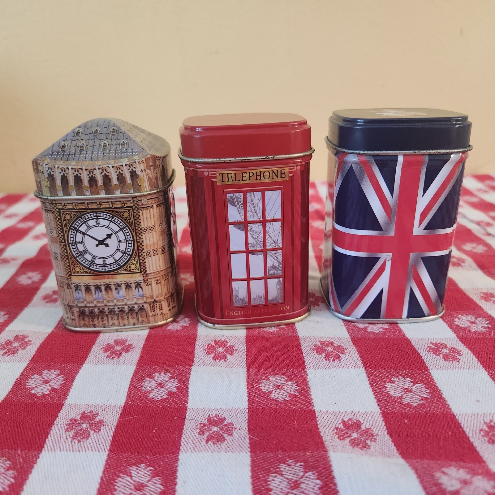 3 British England 3″ Tea Tins Big Ben Union Jack Red Telephone Box