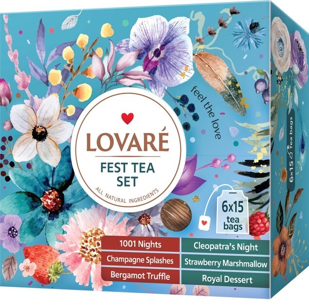 Ukrainian Assorted Black & Green Fest Tea Set LOVARE 6 Flavors 90 Tea Bags