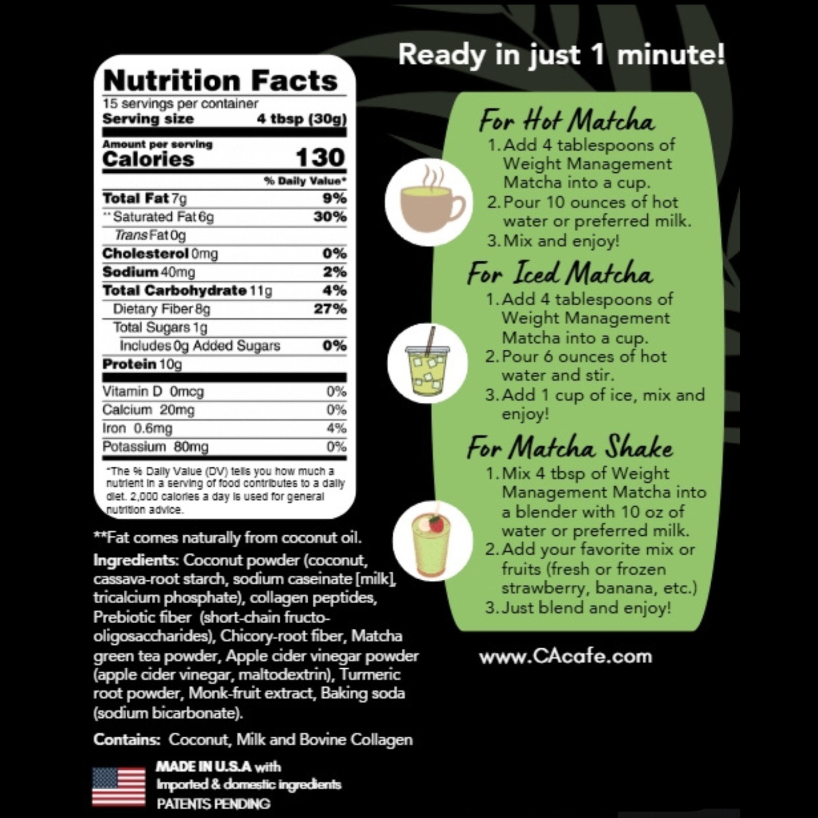 CAcafe Weight Management Matcha No Sugar(Updated Formula)16OZ