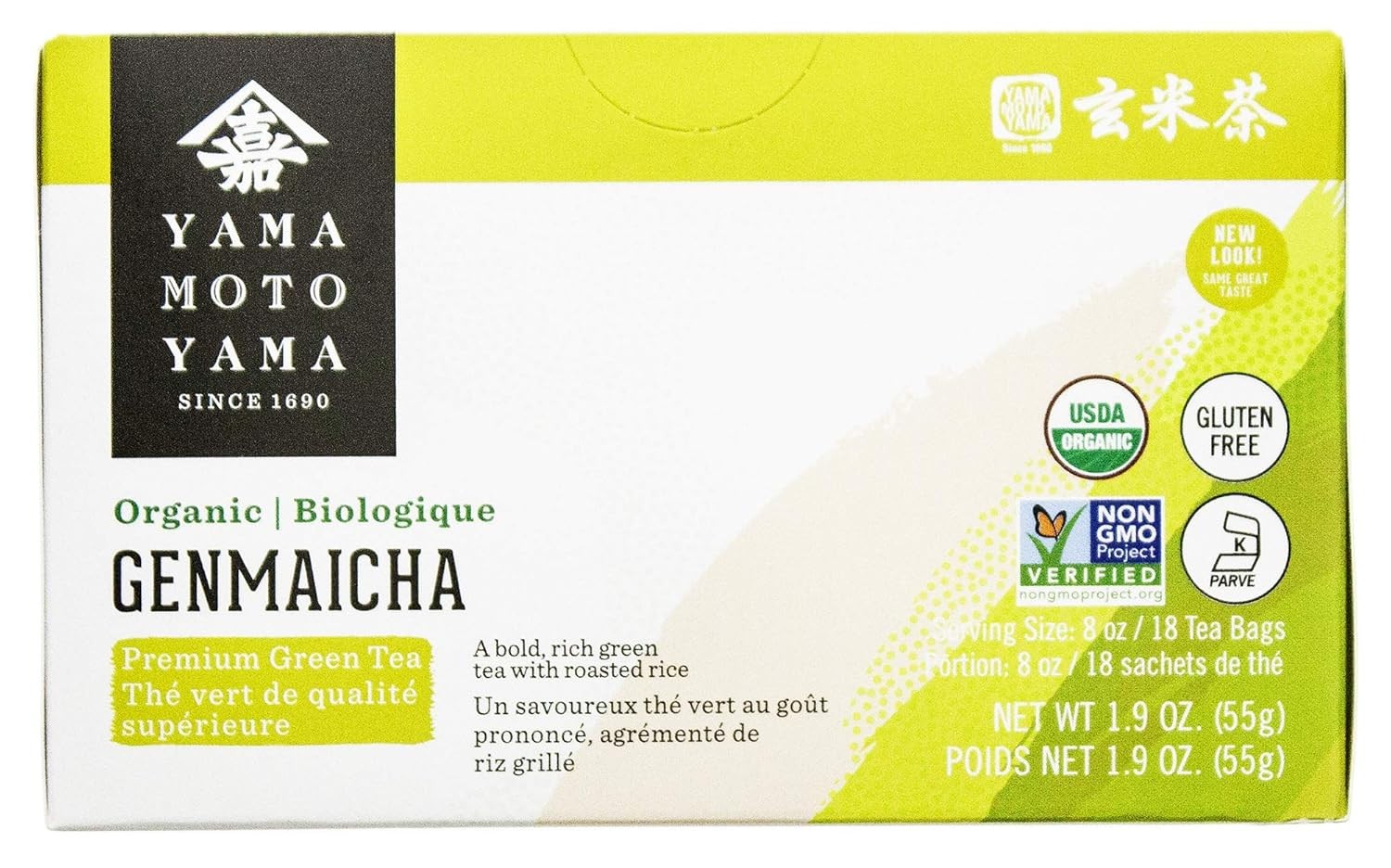 Japanese Yamamotoyama Organic Genmaicha Premium Green Tea (18 Tea Bags), 1.9 oz