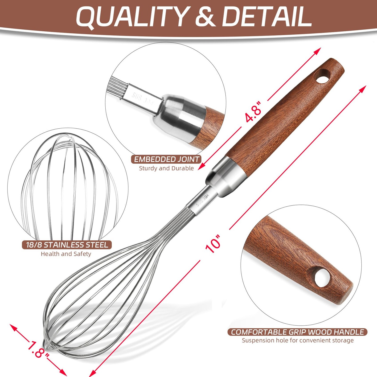 Stainless Steel Wire Whisk, Wooden Handle Kitchen Multi 10″L x 1.8″W, Silver