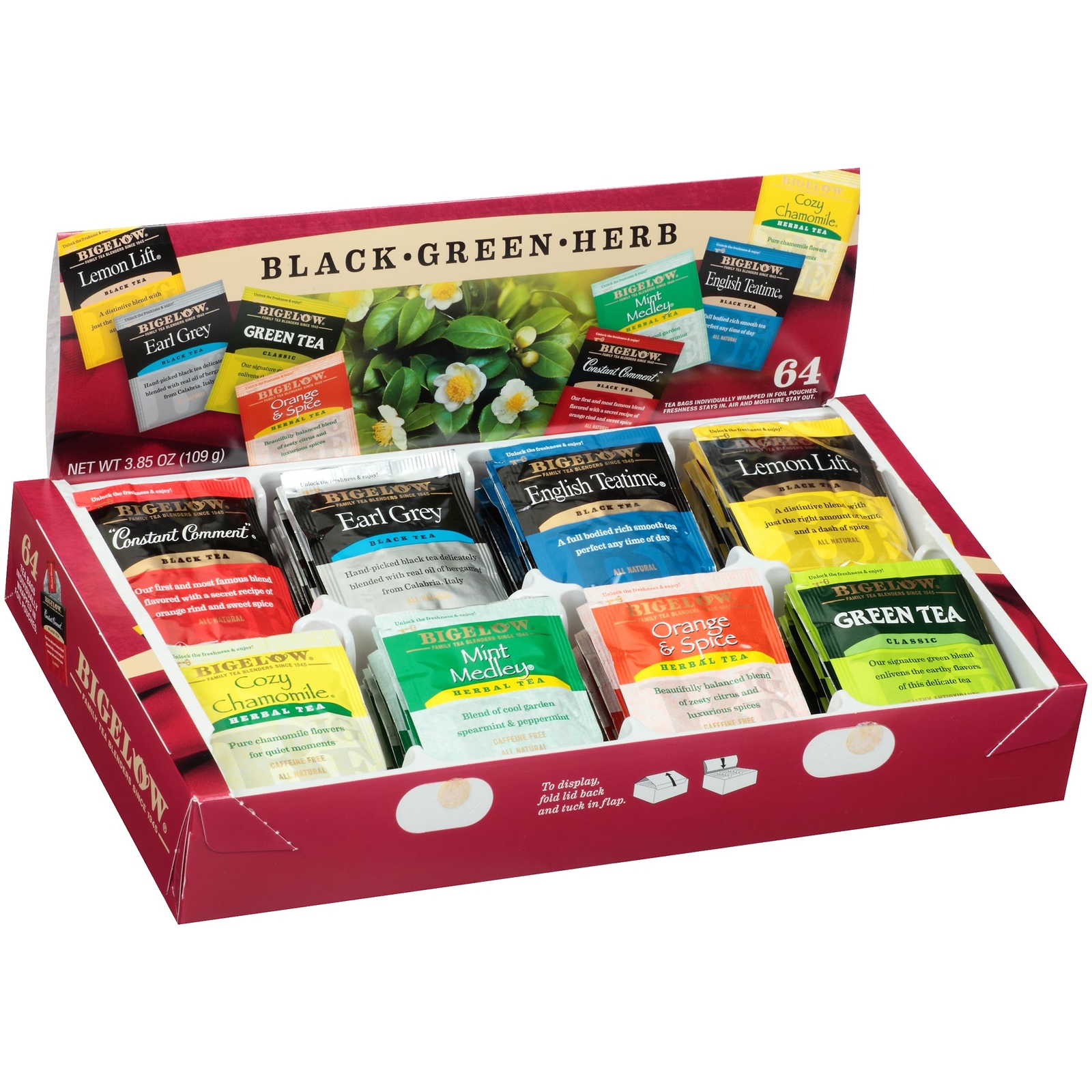 Bigelow 64 Count Tea Sampler Variety Pack Black Green Herbal Tea Bags