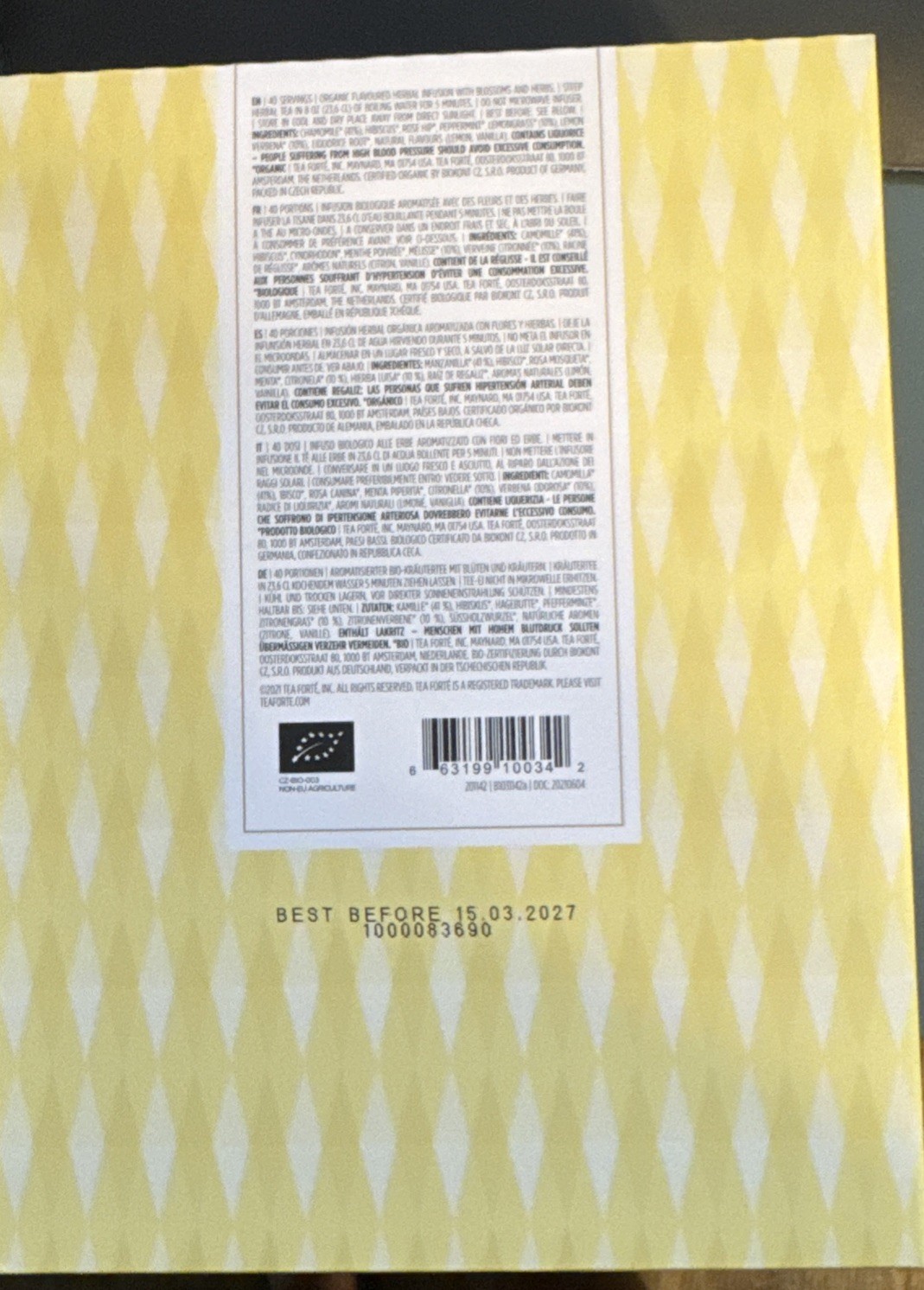 Tea Forte Chamomile Citron Herbal Tea New in Box 40 Pyramid Tea Infusers