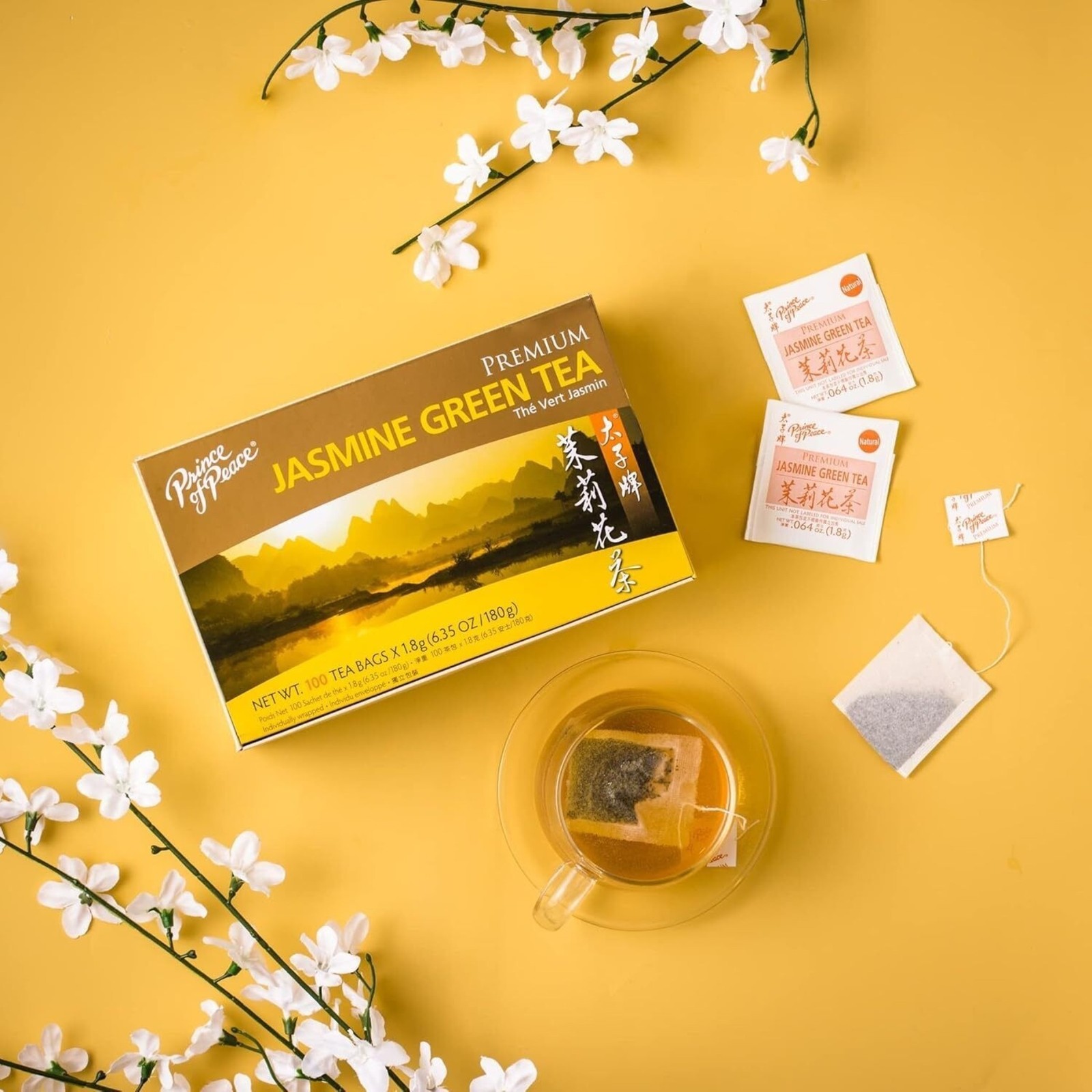 5 Boxes Premium Jasmine Green Tea, 100 Tea Bags Each Box -Prince of Peace