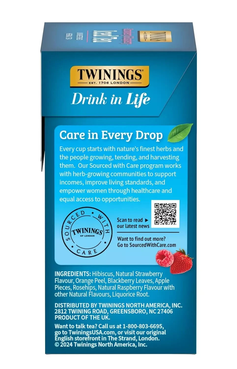 Twinings of London STRAWBERRY & RASPBERRY Iced Tea 72-Bags Unsweetened BB 2/27