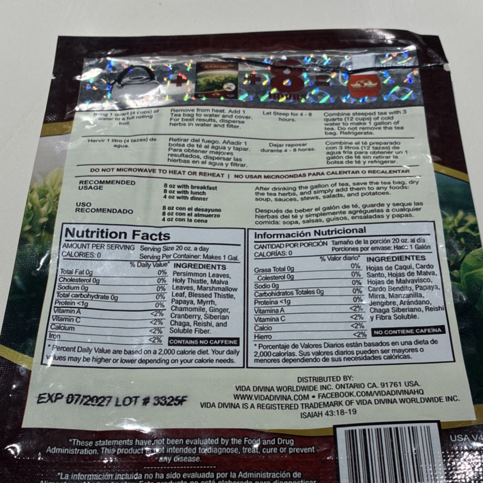 TeDivina Herbal Tea 6 Pack Certified Organic Caffeine Free Bagged Exp 07/2027