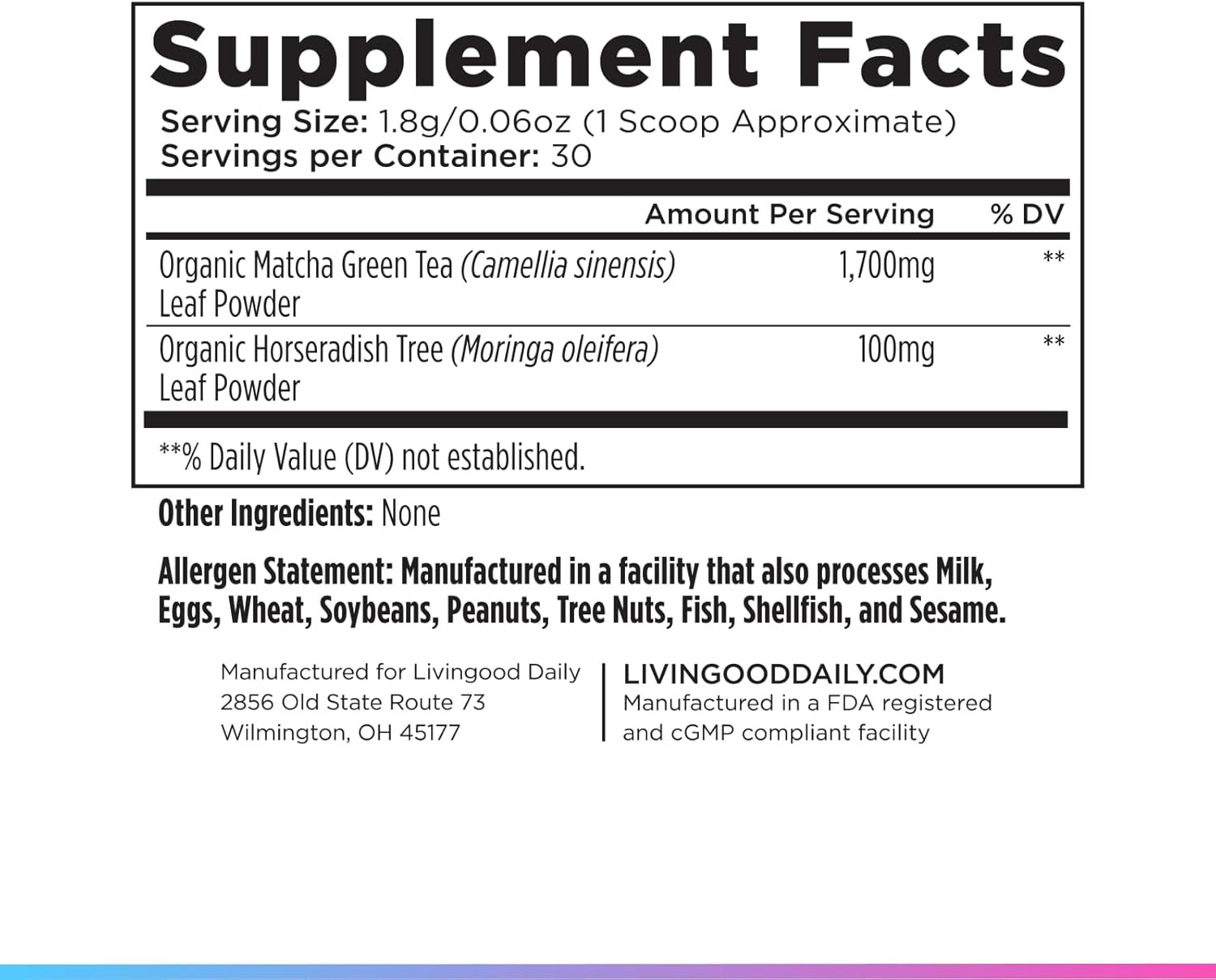 Matcha & Moringa Powder Supplement 30 Servings Vegan Non GMO