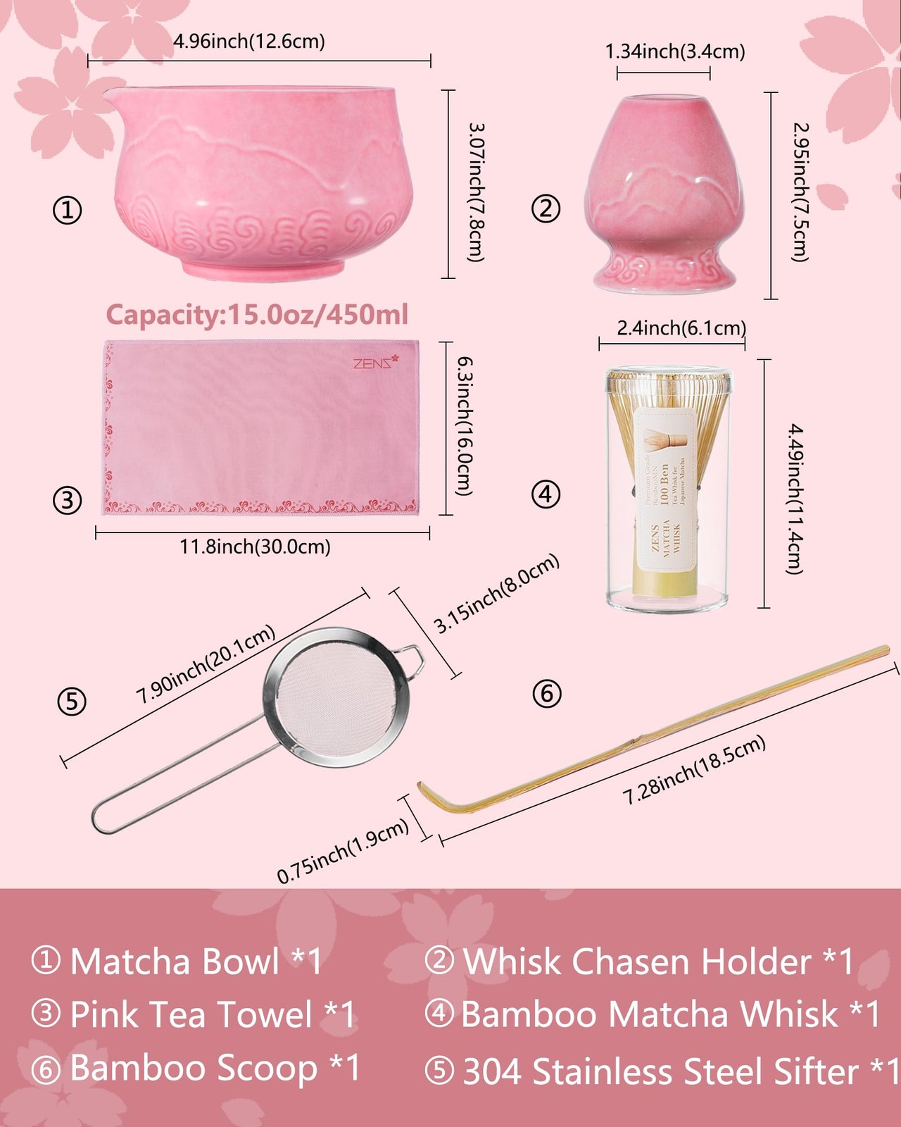 Matcha Whisk Set, 6pcs Matcha Set Pink Includes 15oz Ceramic Bowl and Whisk (…