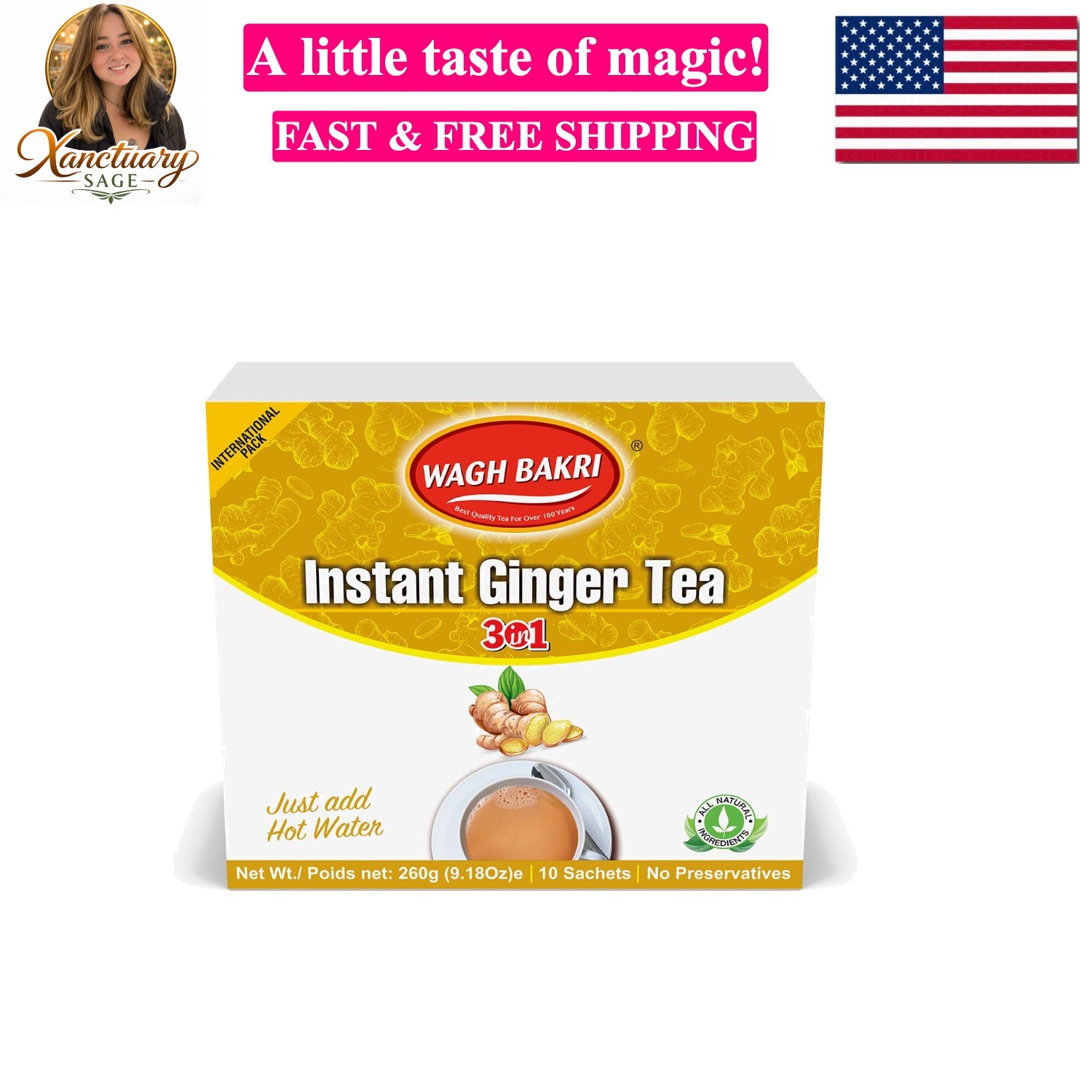 Instant Ginger Tea, 3 in 1, Just add Hot Water – 260 grams, 10 Sachets, Stirr…