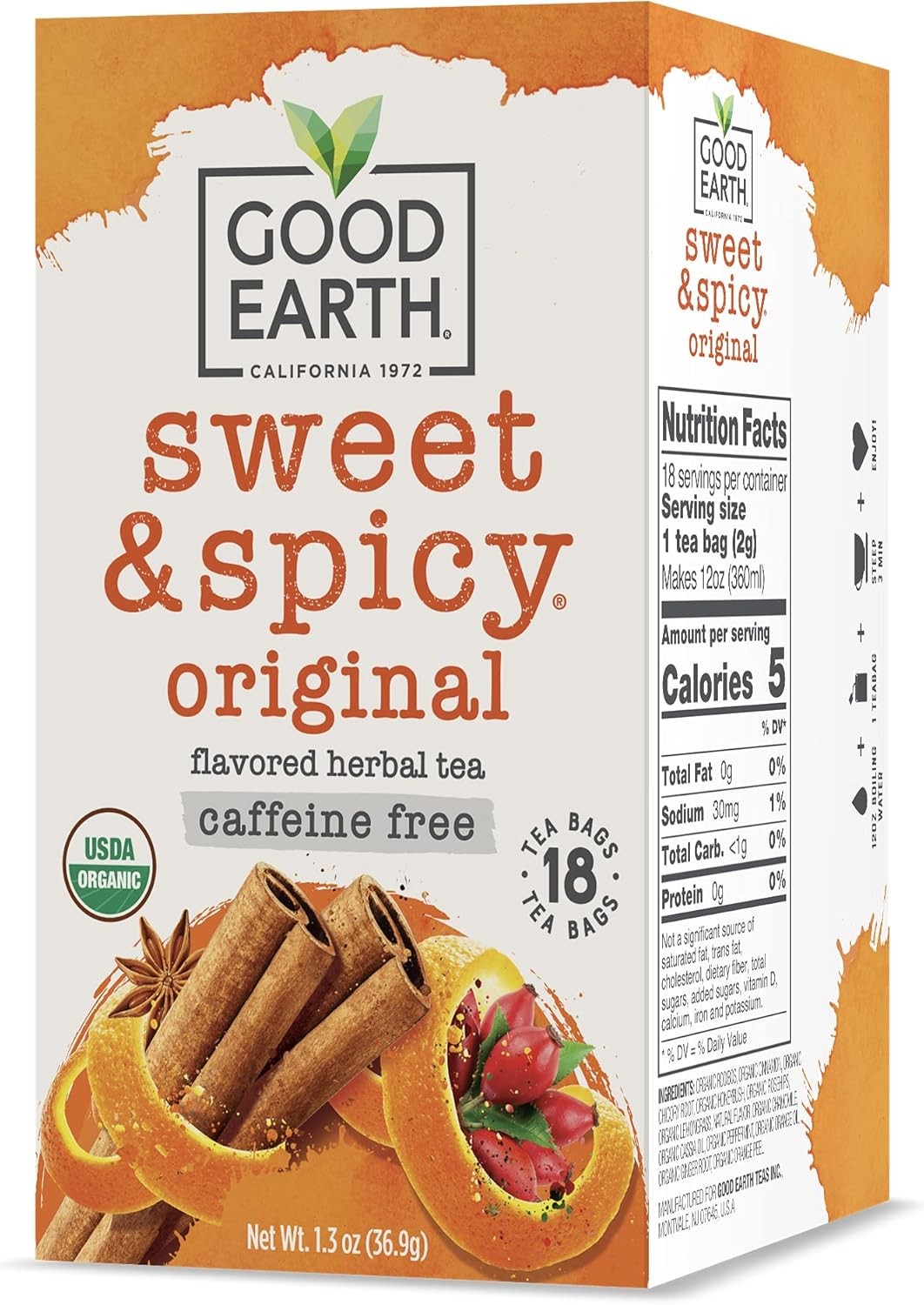 Organic Sweet & Spicy Herbal Caffeine Good Earth Teas 18 Tea Bag