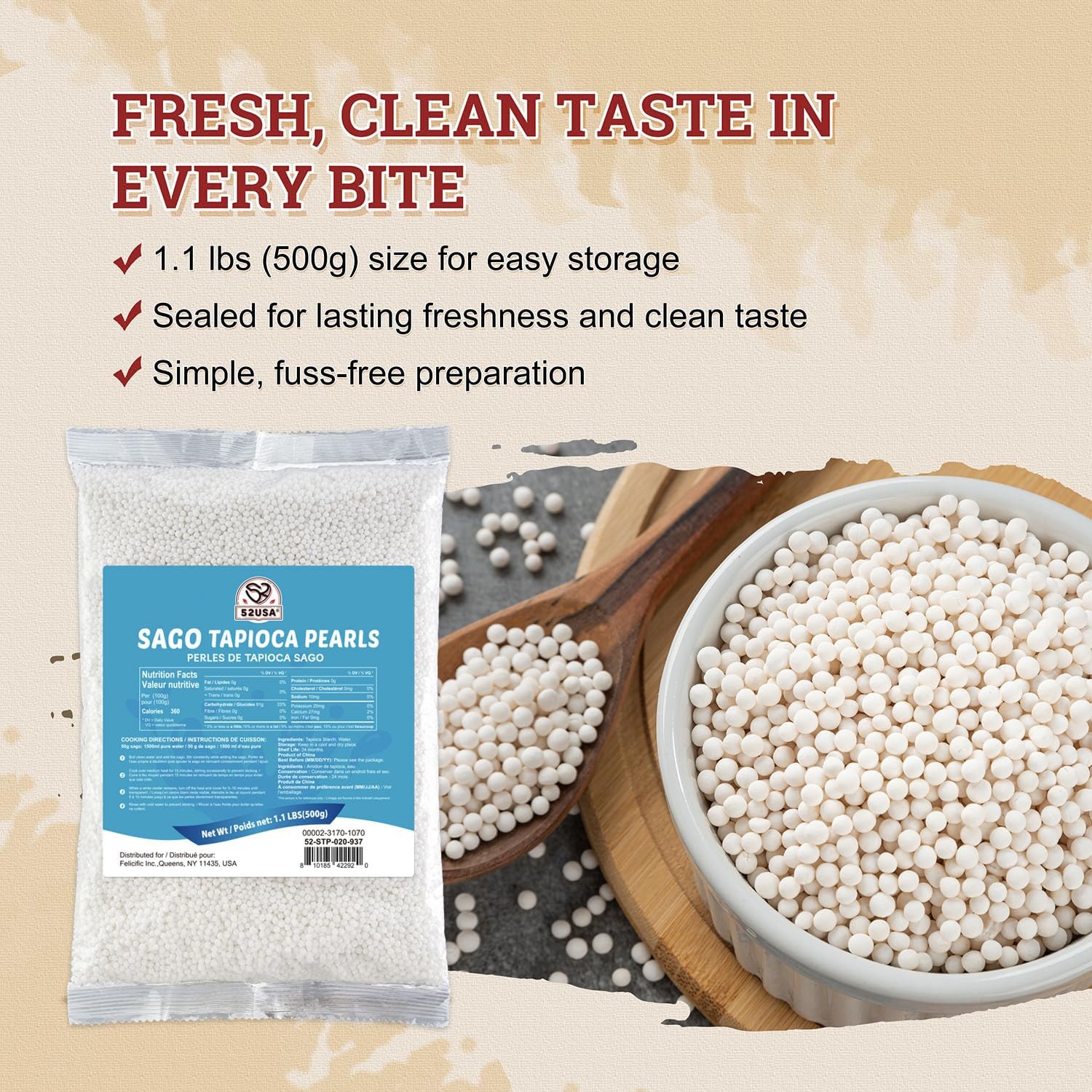 52USA Sago Pearls, Small Tapioca Pearls 1.1 lbs 500g, White Sago for Desserts…