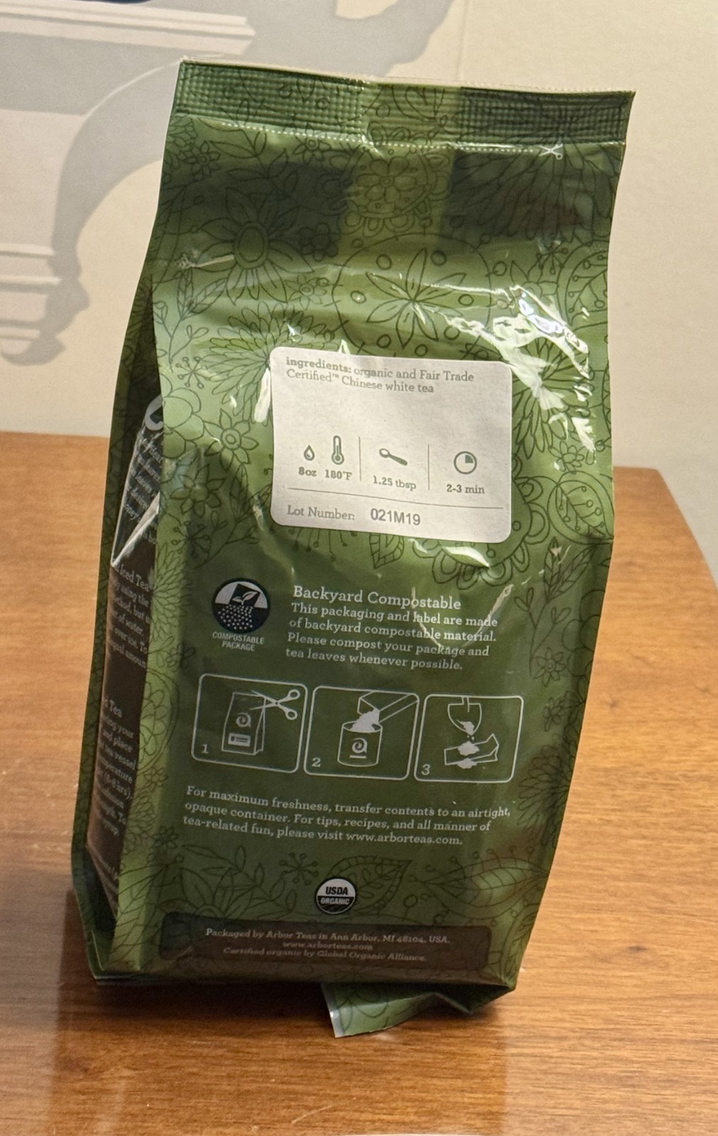 Arbor Teas Organic Bai Mu Dan White Tea 3 oz 85 Grams Lot # 021M1 New Sealed Bag