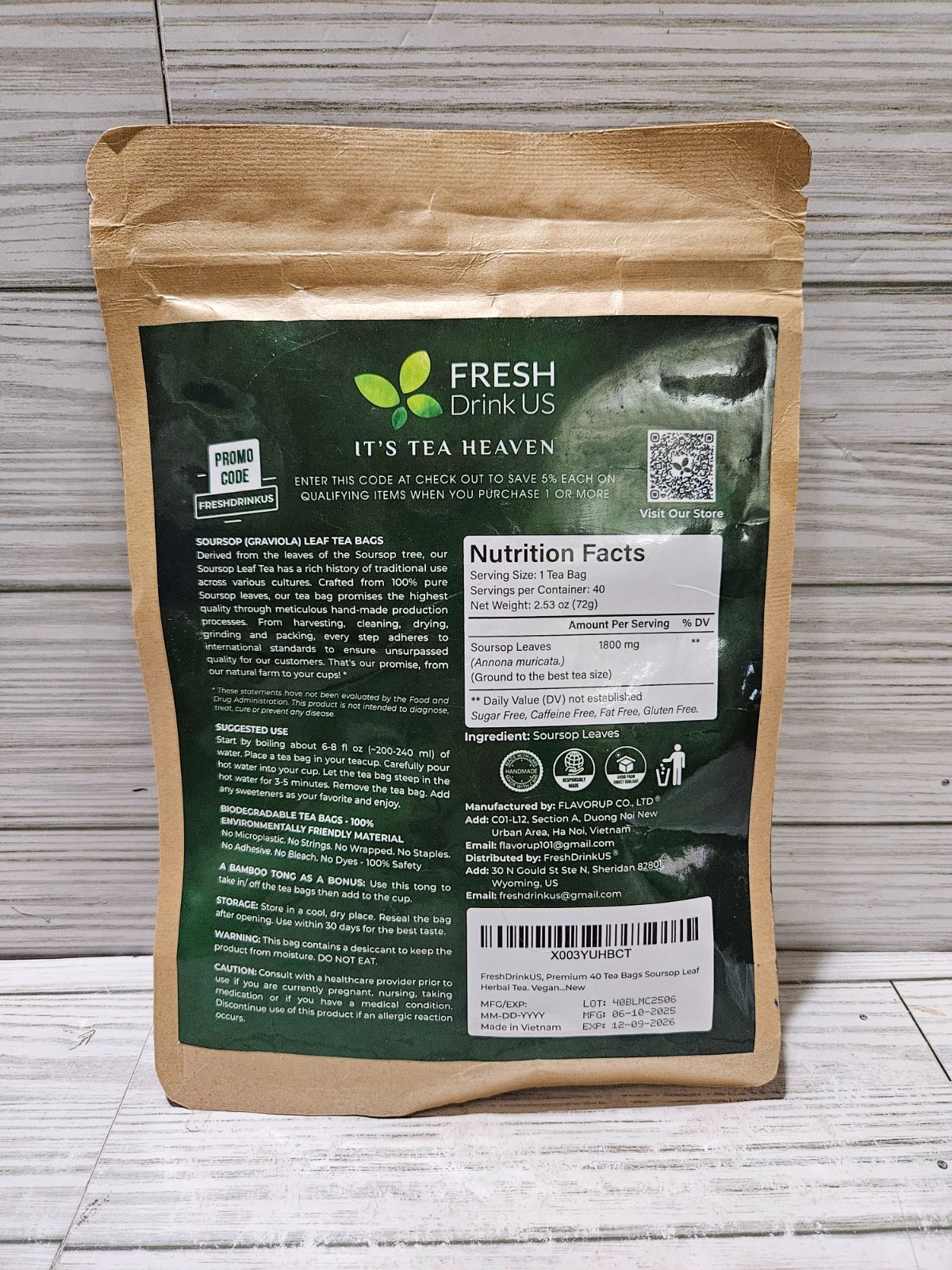 Fresh Drink US Premium Soursop Leaf Tea Bags 40 Tea Bags 2.68 oz 12/2026