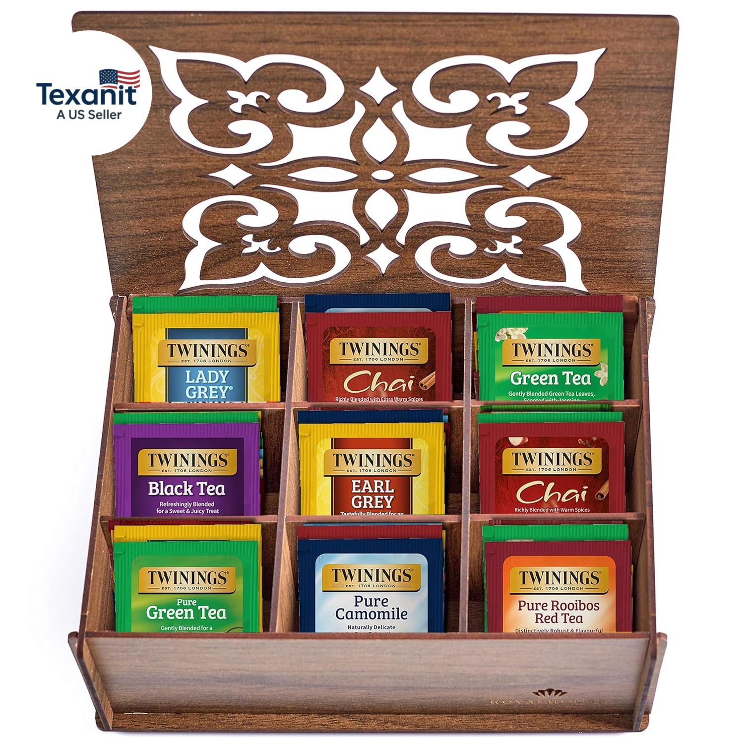 Tea Bag Sampler Variety with Walnut Wooden Organizer (60 Count) 40 Different Fla