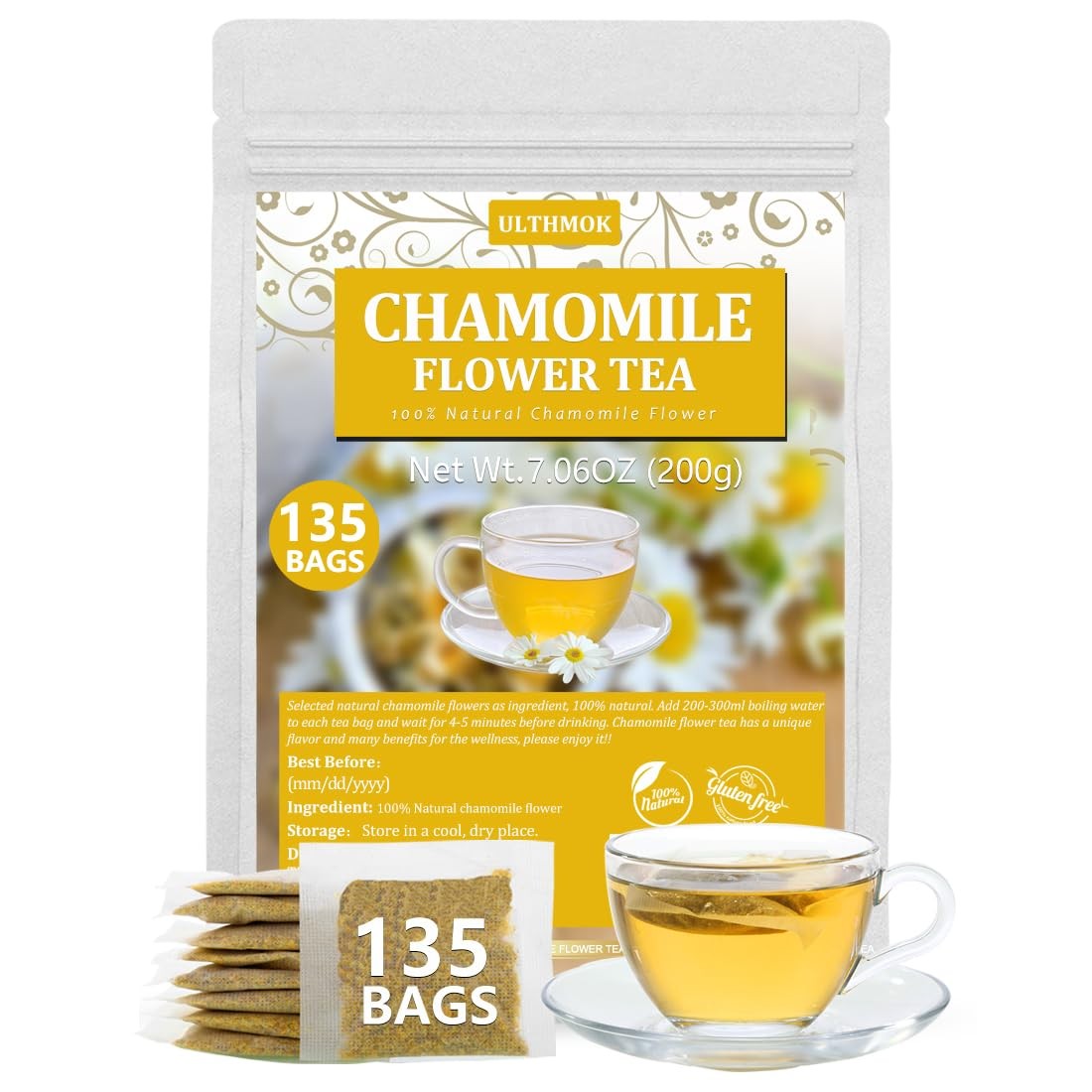 135 Chamomile Tea Bags – Pure Natural Flower, Caffeine-Free, Non-GMO