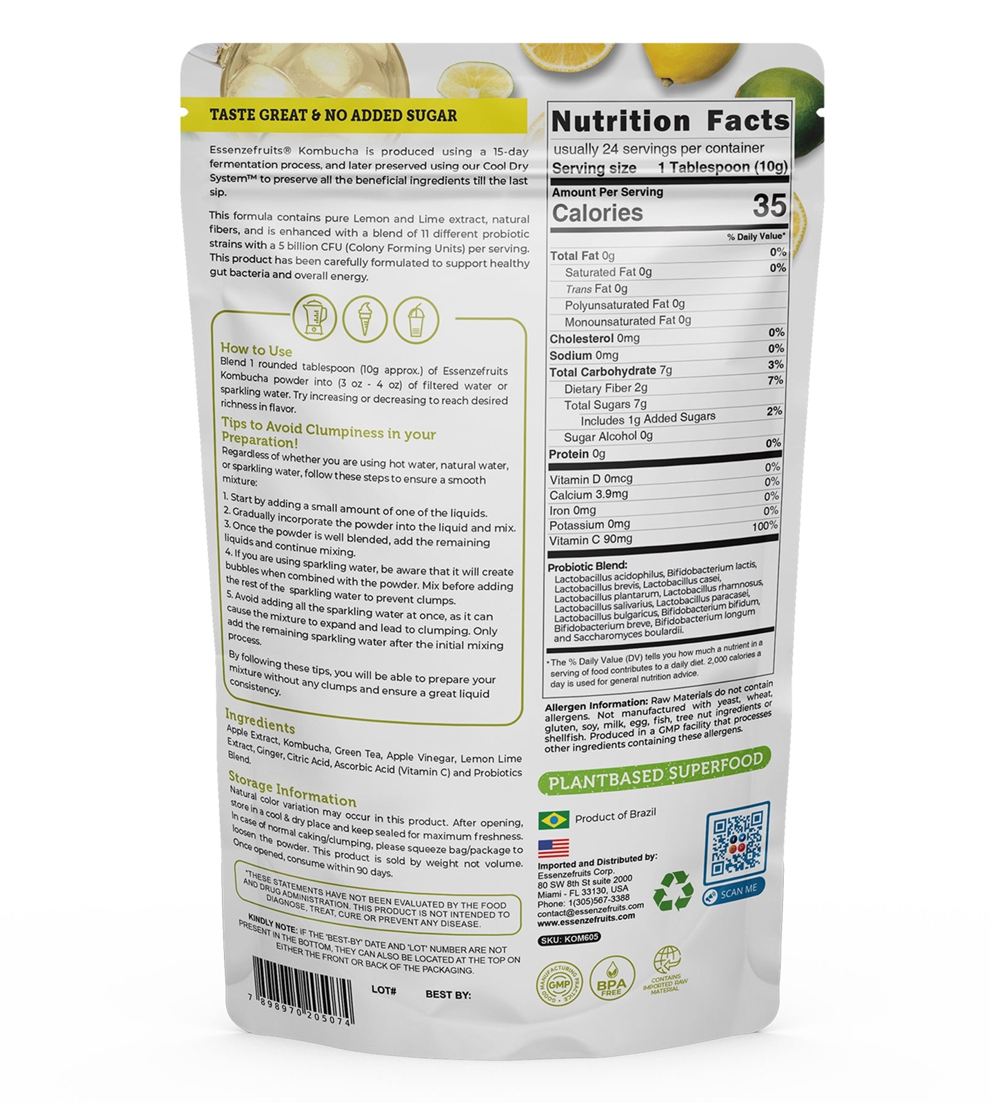 Lemon Lime Kombucha Powder Tea Mix -Just Add Water – Probiotics & Prebiotics 8oz