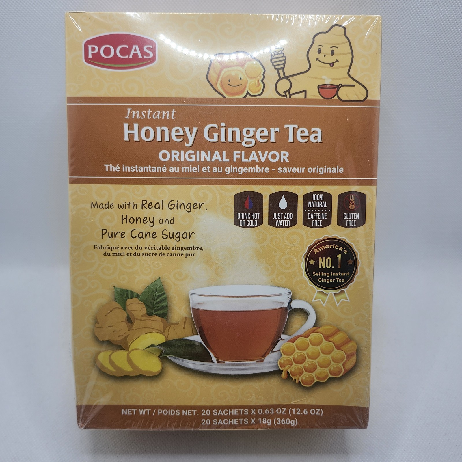 Pocas Honey Ginger Tea Original Flavor Instant No GMO Gluten Caffeine Free 20 Ct