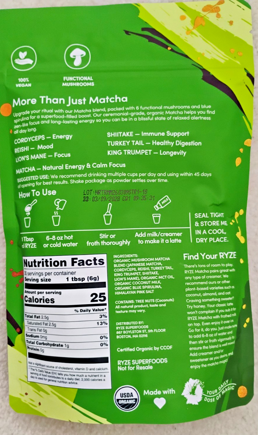 RYZE Organic Mushroom Matcha Tea 3-Pack Bundle | 90 Servings | New Sealed