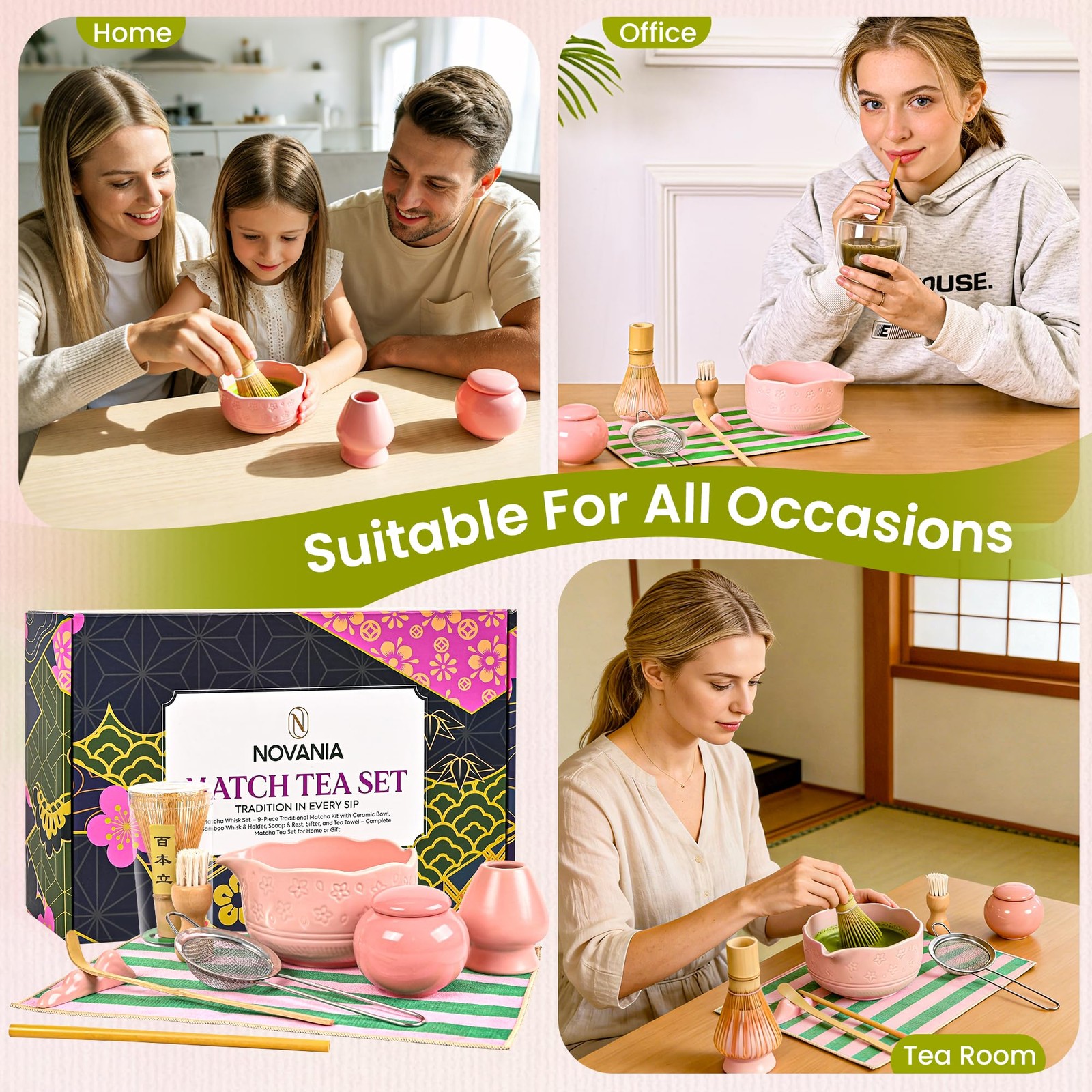 NOVANIA Pink Matcha Whisk Set – 10Pcs Premium Japanese Bamboo Matcha Kit with…