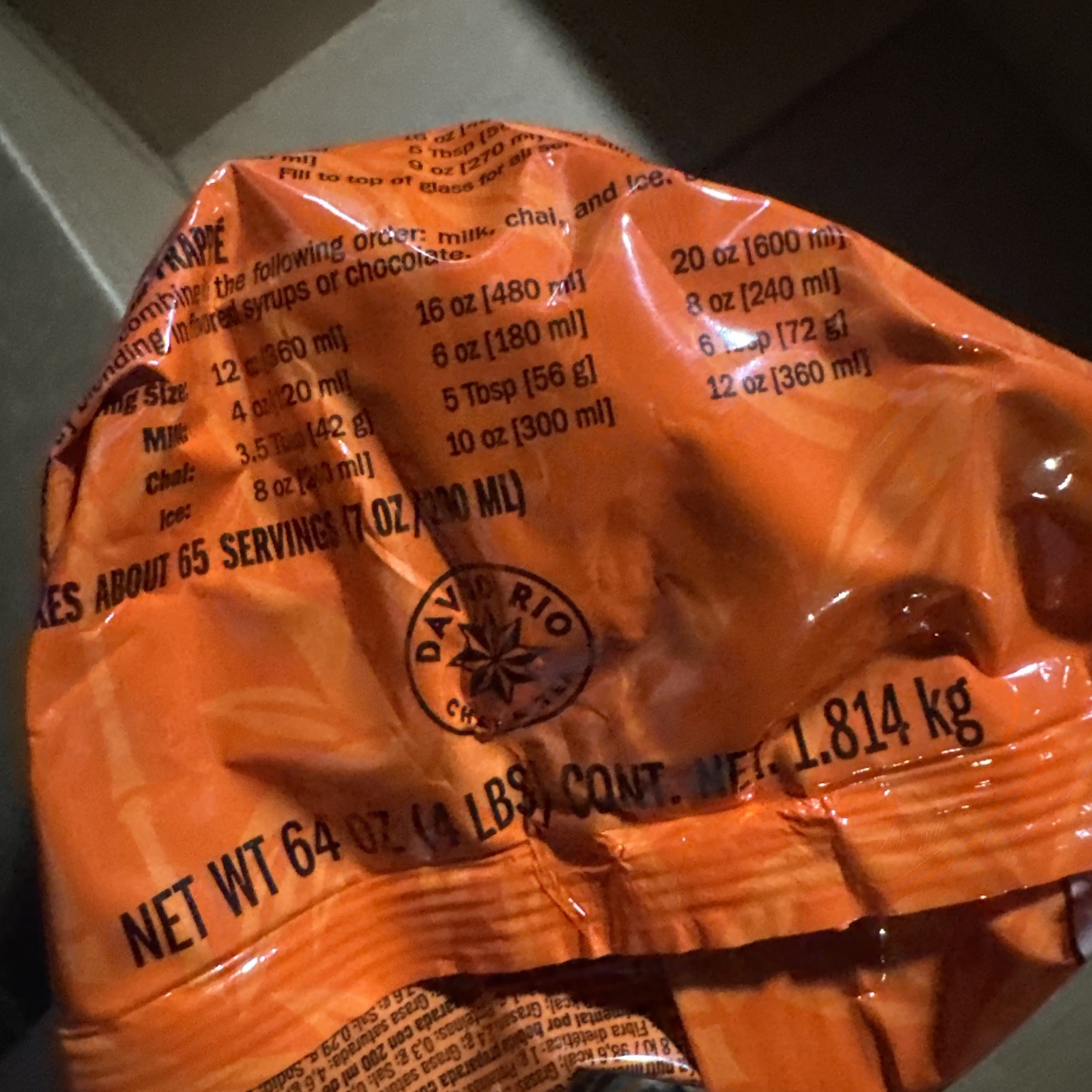 David Rio Tiger Spice Chai, Bulk, 4lb. Bag, New.