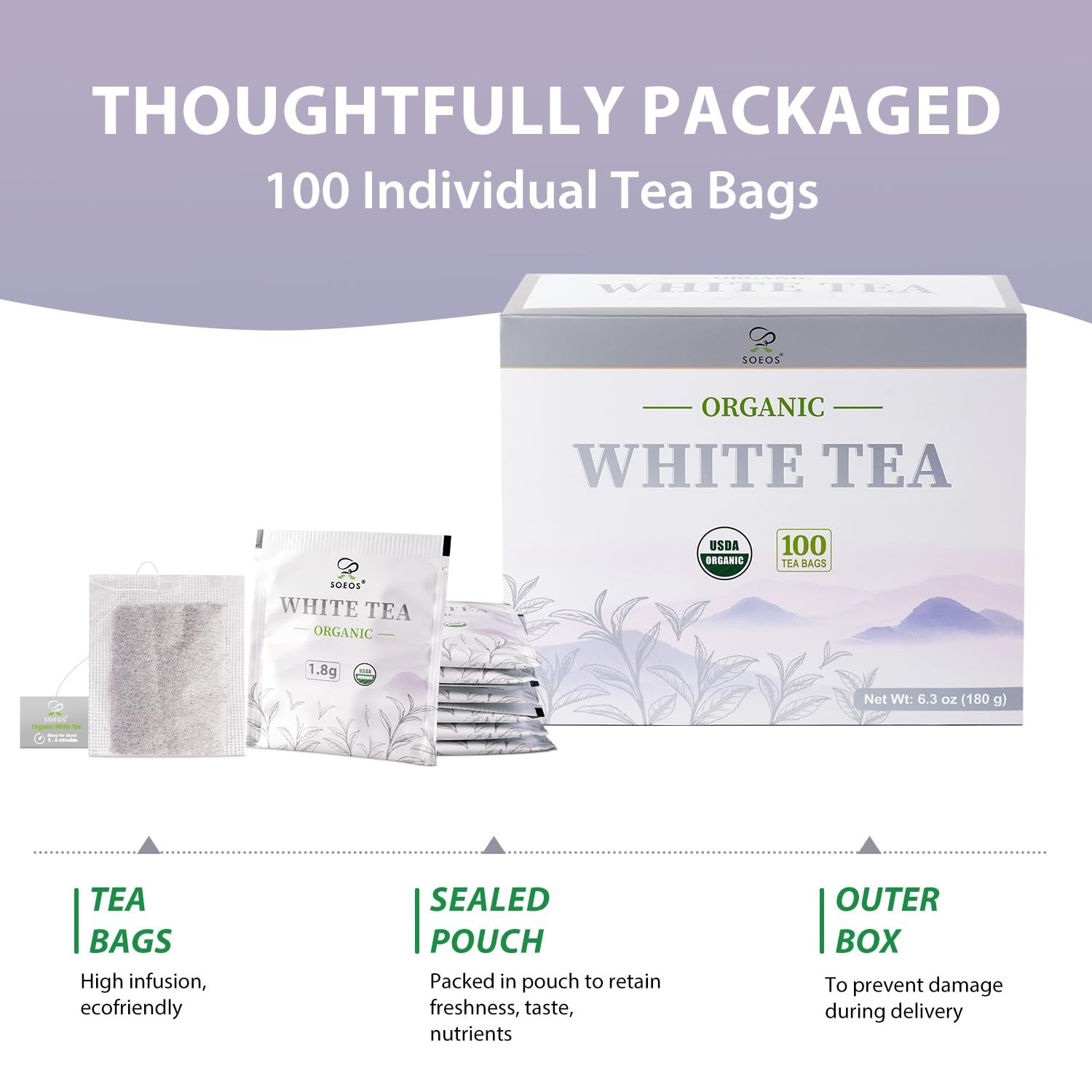 Elegant Organic White Tea – 100 Individually Wrapped Teabags, Low Caffeine