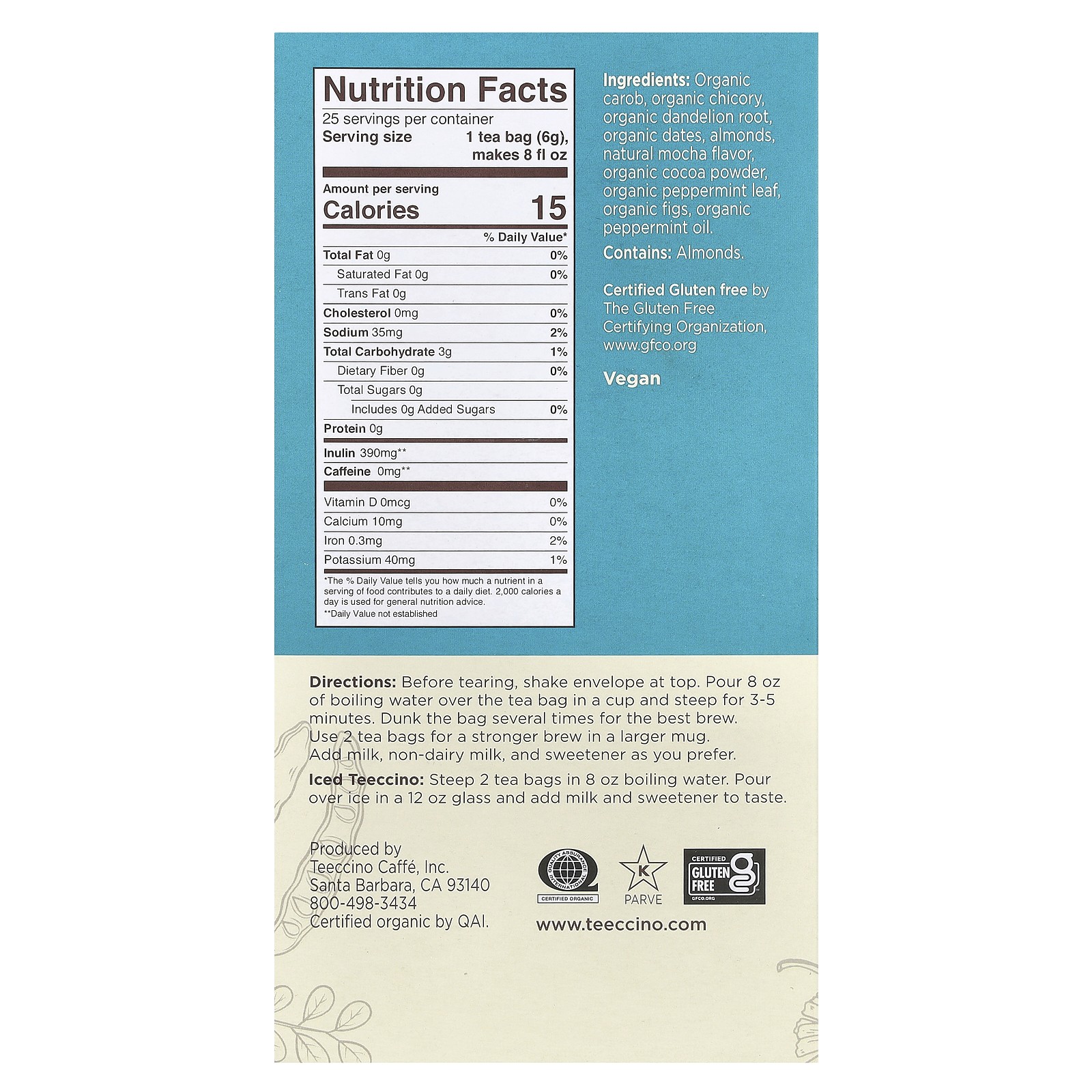 Roasted Herbal Tea, Dandelion Mocha Mint, Caffeine Free, 25 Tea Bags, 5.3 oz