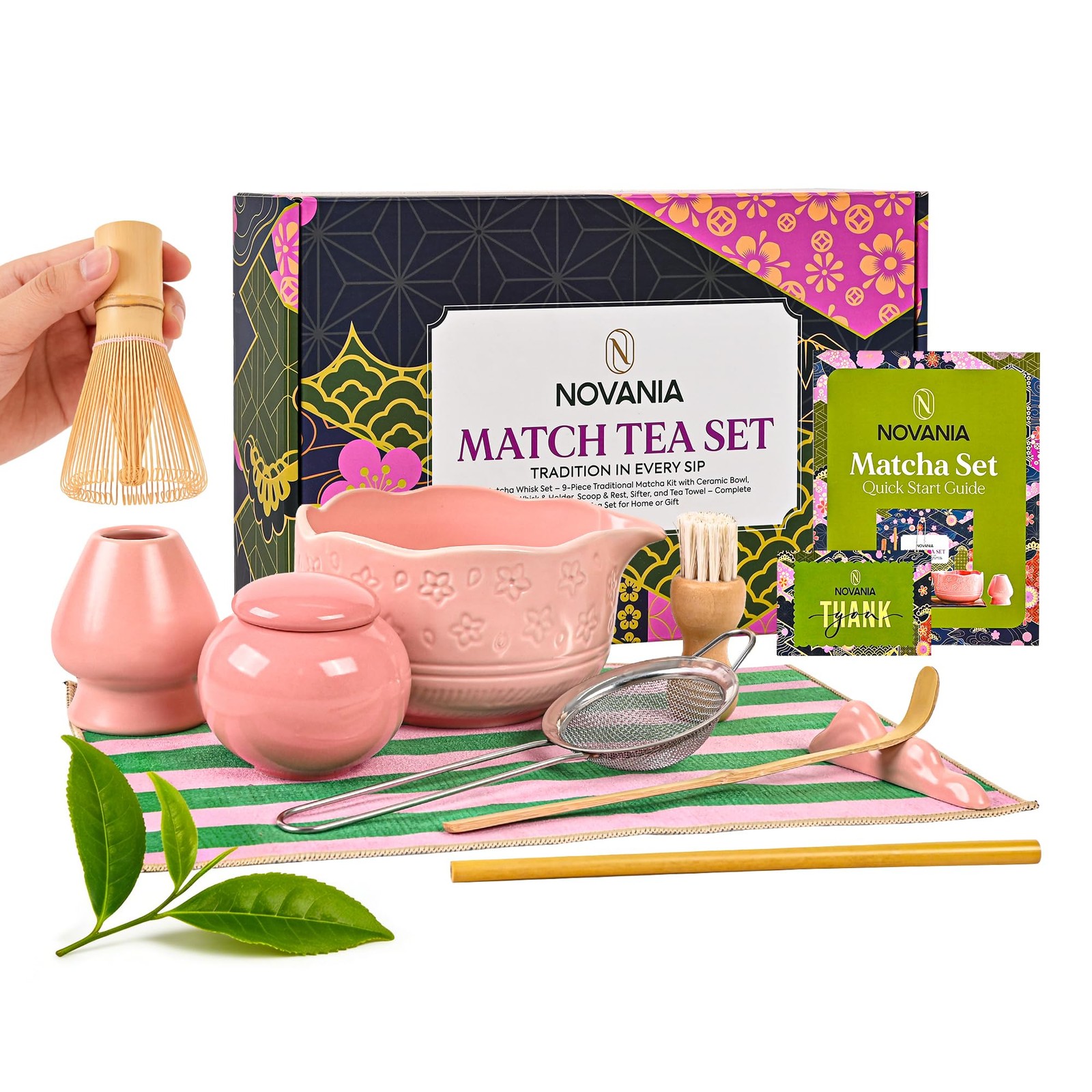 Pink Matcha Whisk Set – 10Pcs Premium Japanese Bamboo Matcha Kit with Bowl, W…