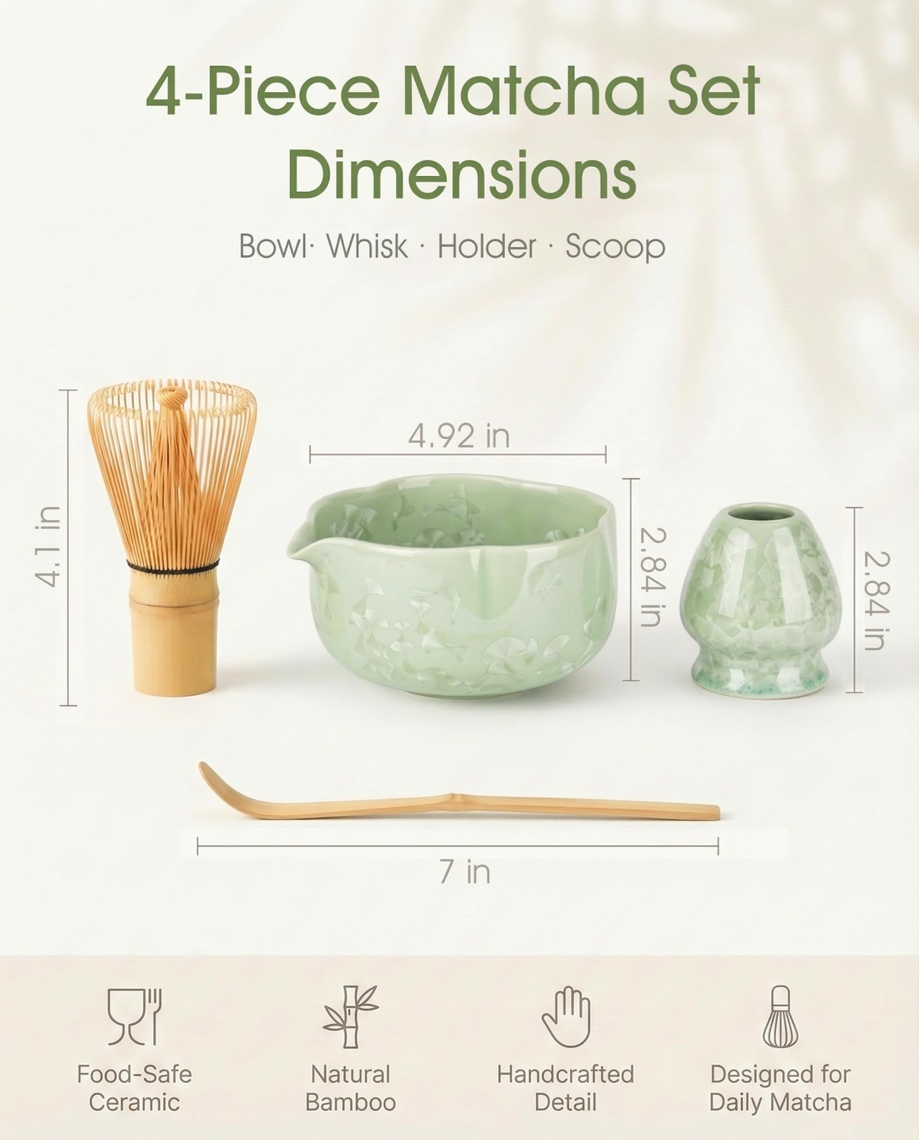 Matcha Whisk Set, 4-Piece Kit with 100-Prong Bamboo Whisk & Ceramic Bowl