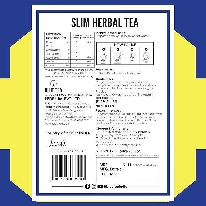 BLUE TEA- Slimming Tea- 30Tea Bags-Plant Based Get Slimmer Tummy Weight Manageme