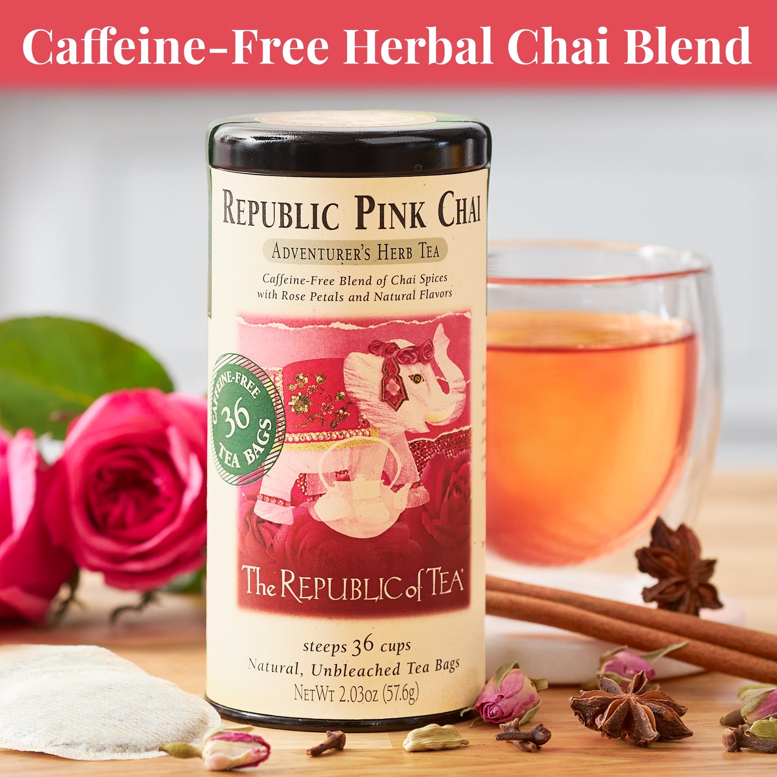 — Republic Pink Chai Herbal Tea Tin 36 Tea Bags Naturally Caffeine Free