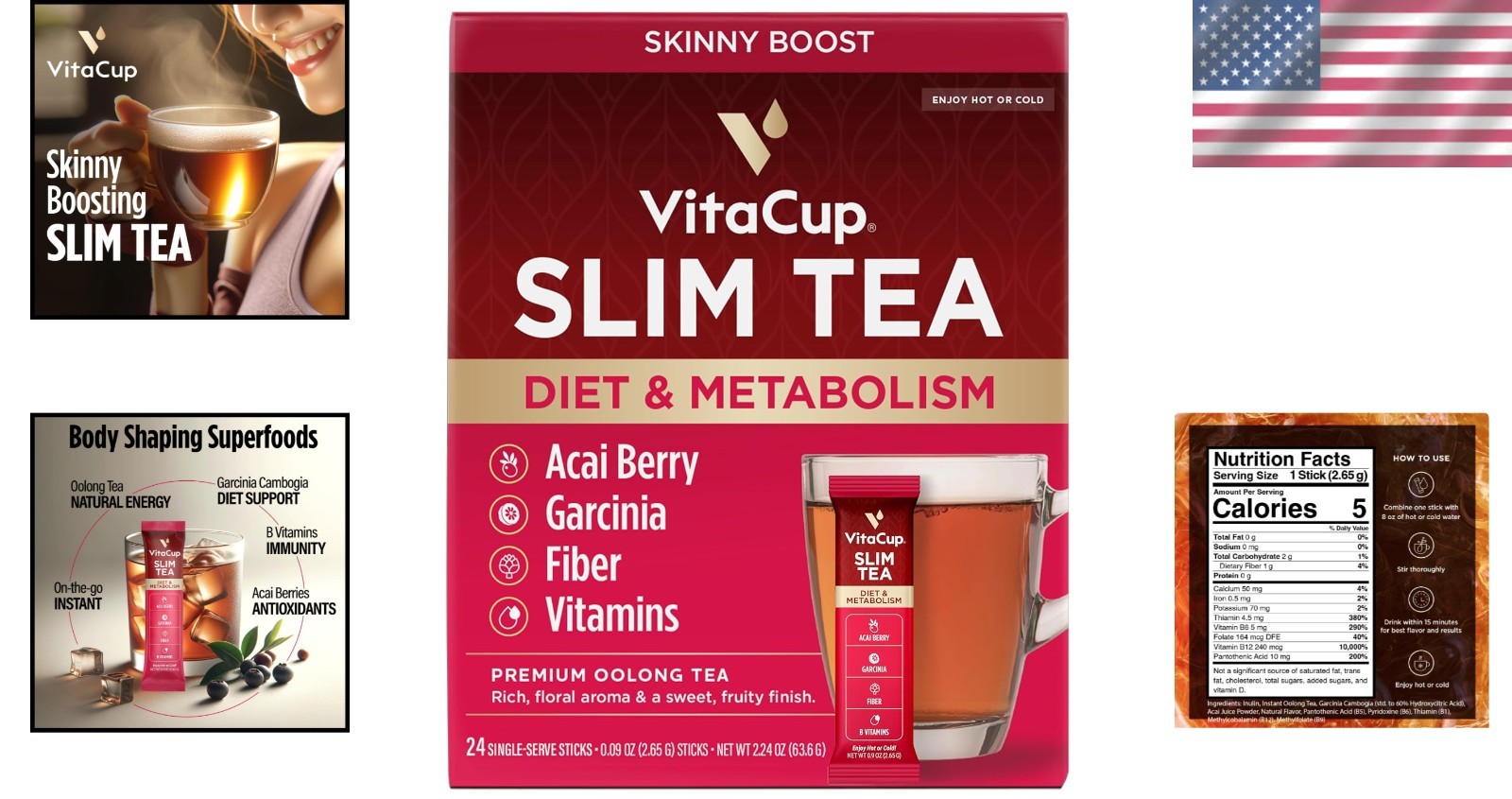 Diet Support Instant Tea Packets, 24 Count Oolong Blend with Acai & Nutrients